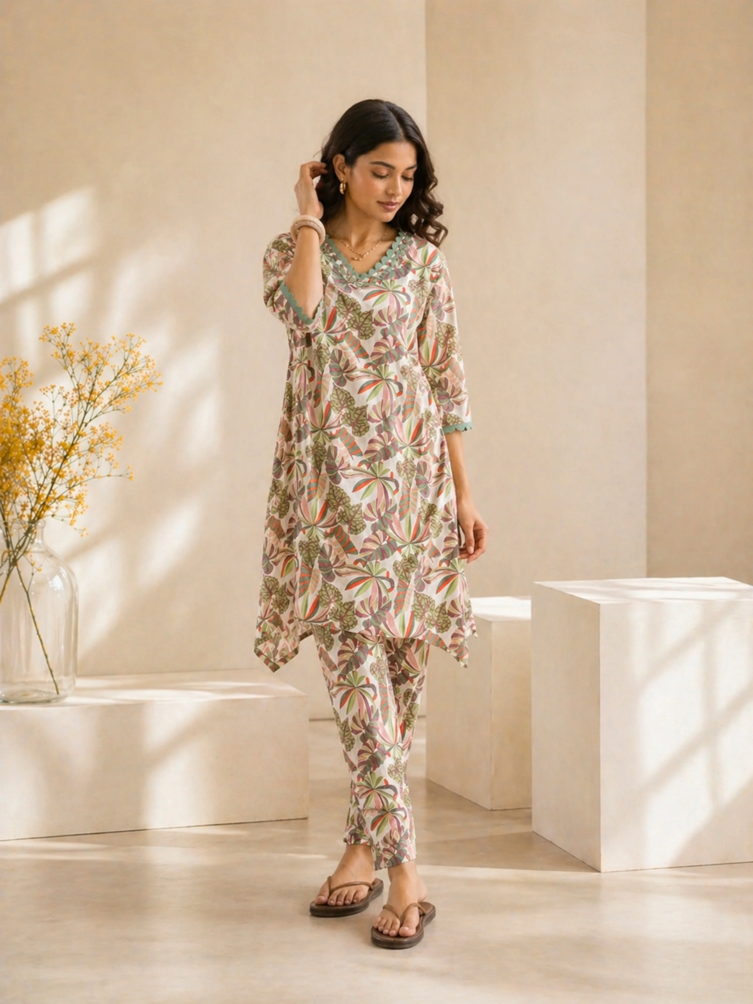 Tropical Green Leaf Lace Long Co-Ord Set - Image 6