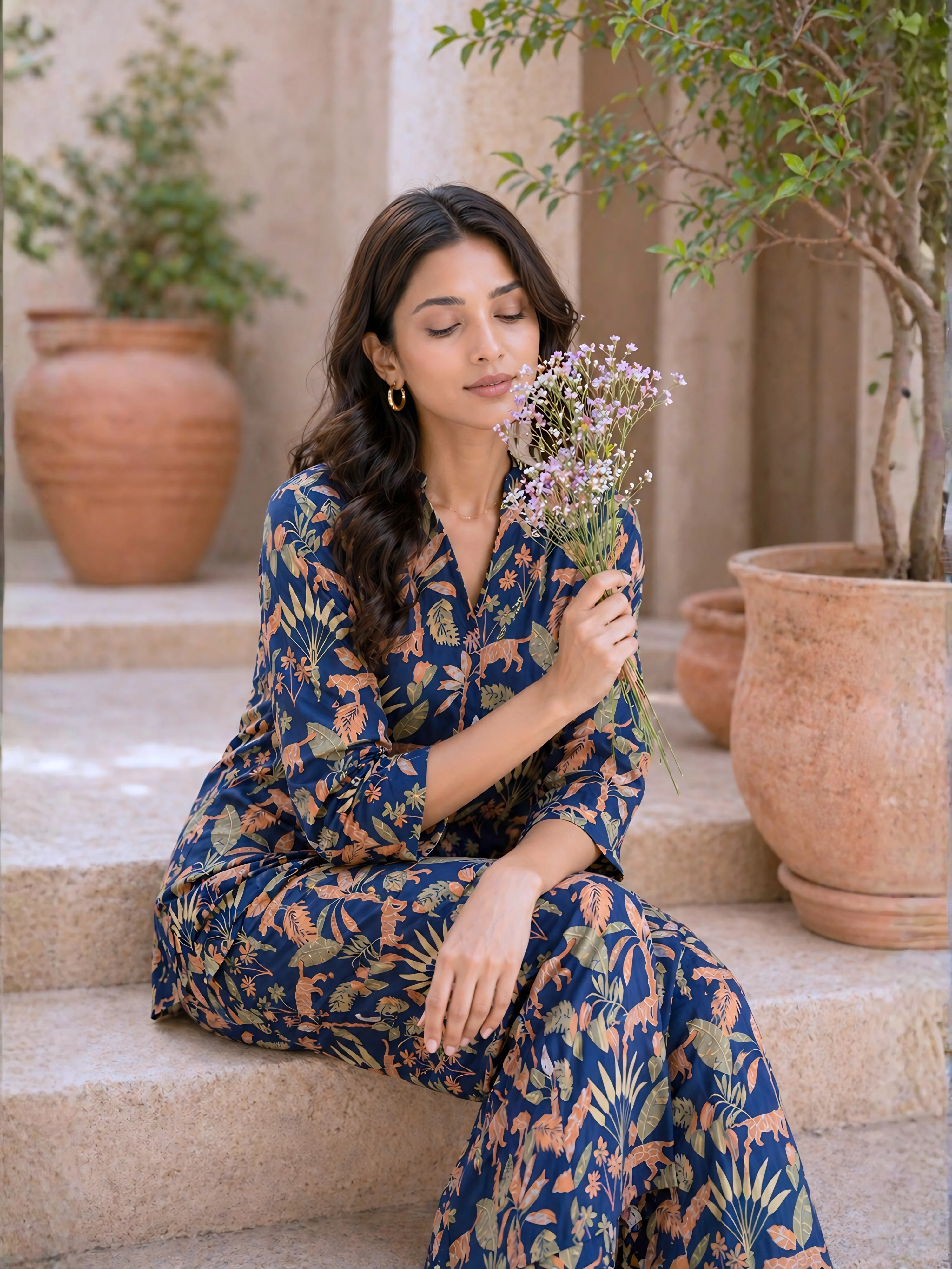 Tropical Navy Blue Pleated Back Co-Ord Set - Image 3