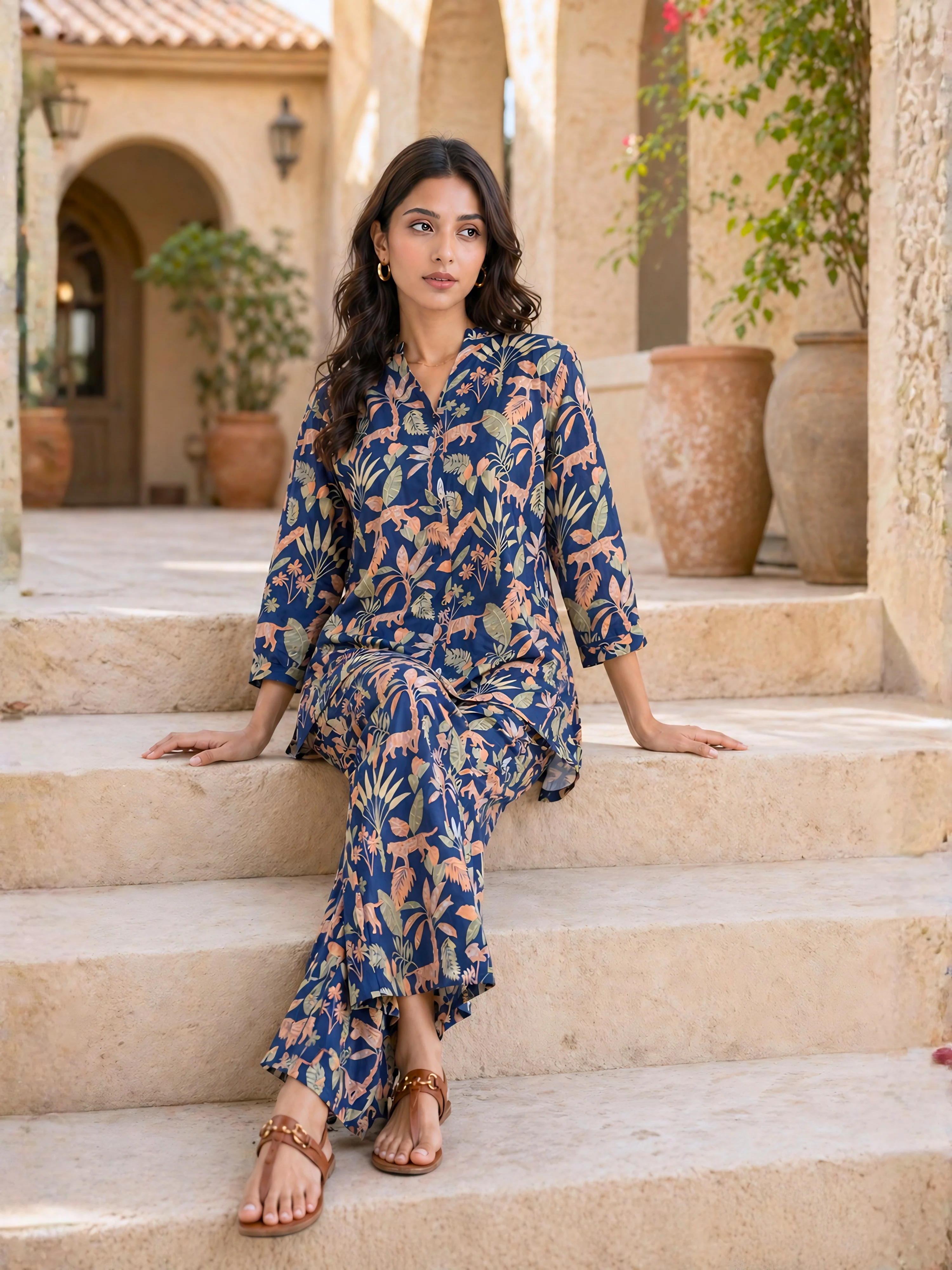 Tropical Navy Blue Pleated Back Co-Ord Set - Image 4