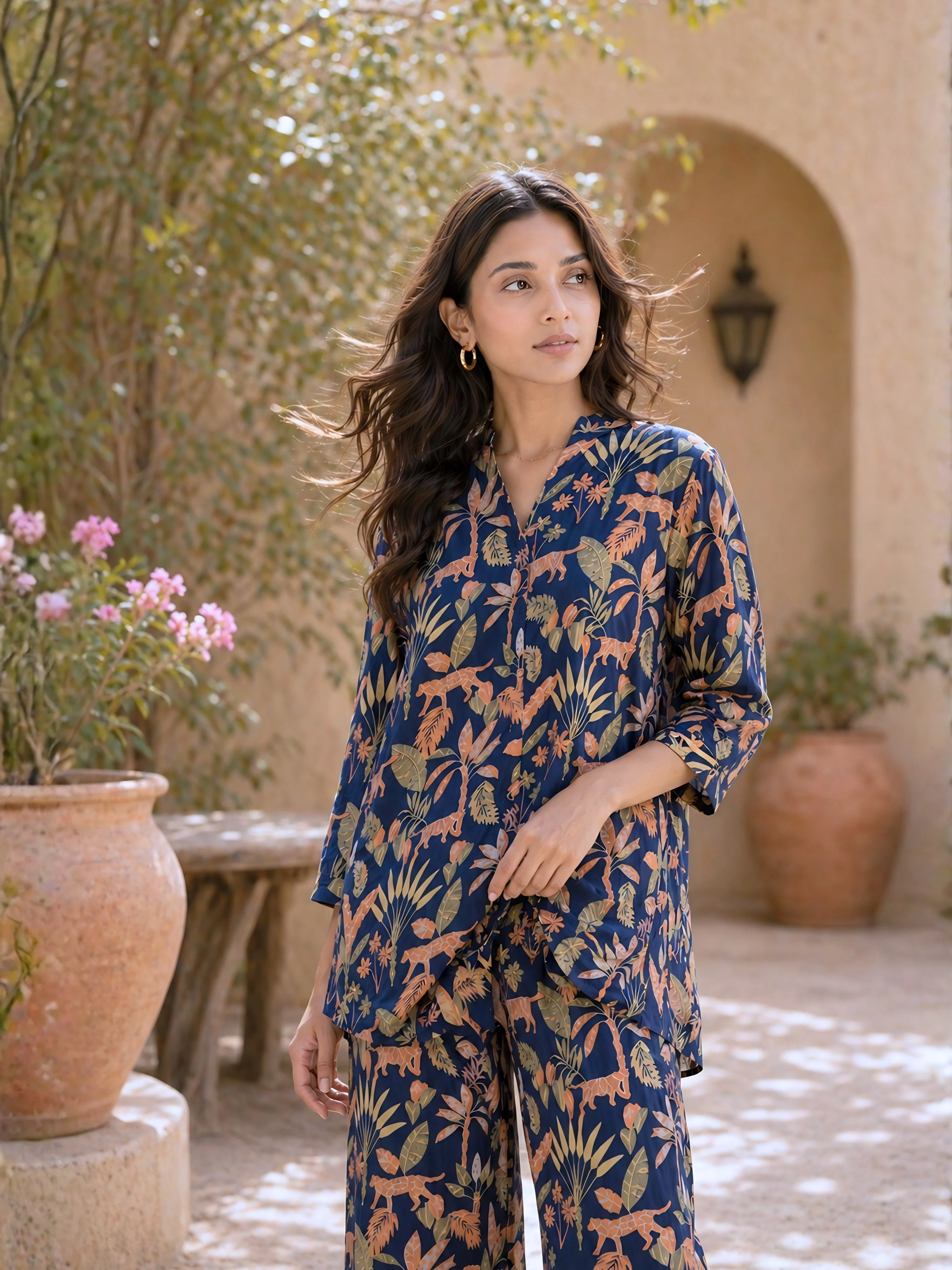 Tropical Navy Blue Pleated Back Co-Ord Set - Image 5