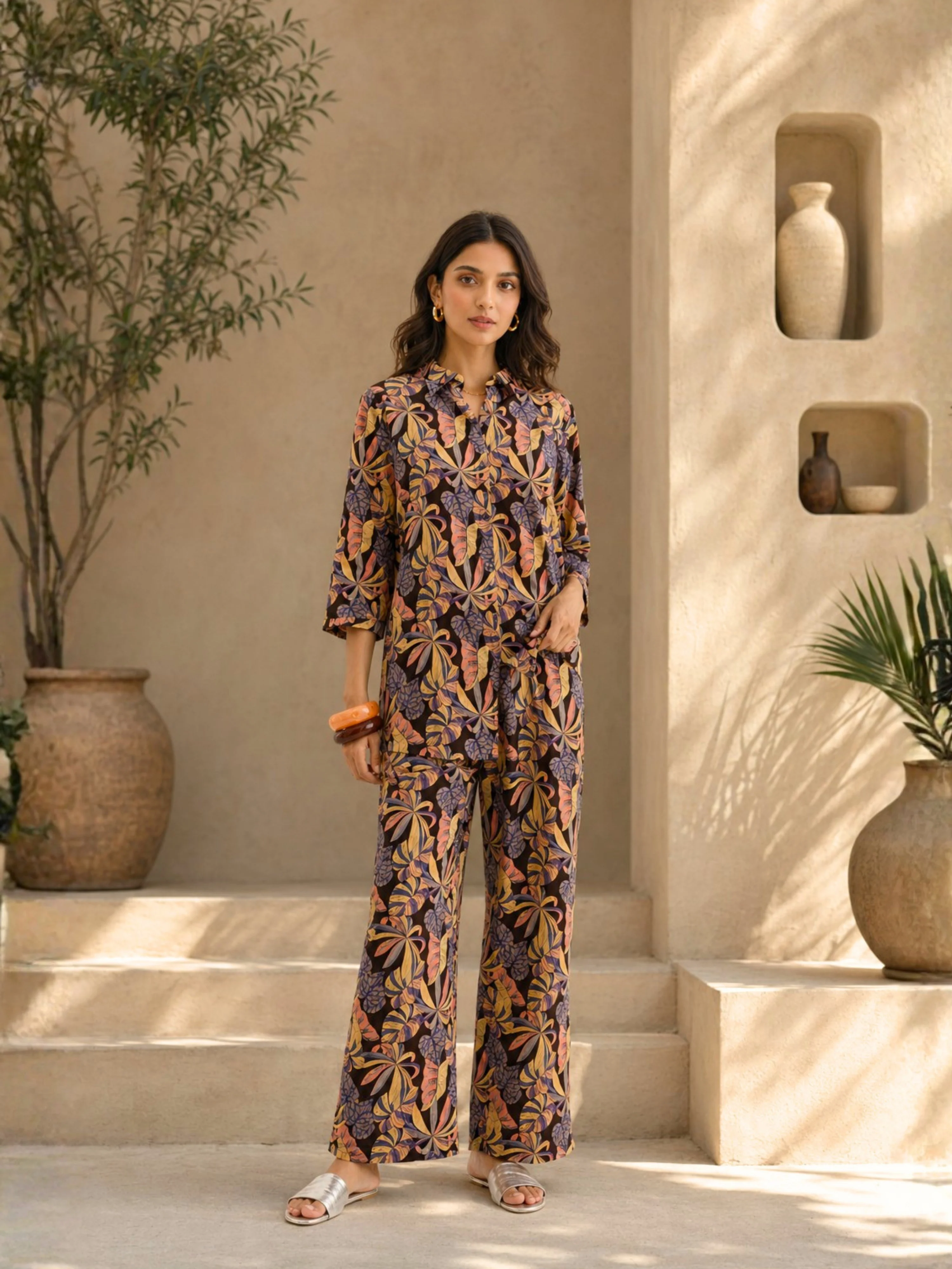 Tropical Noir Flower Collared Shirt Co-Ord Set - Image 4