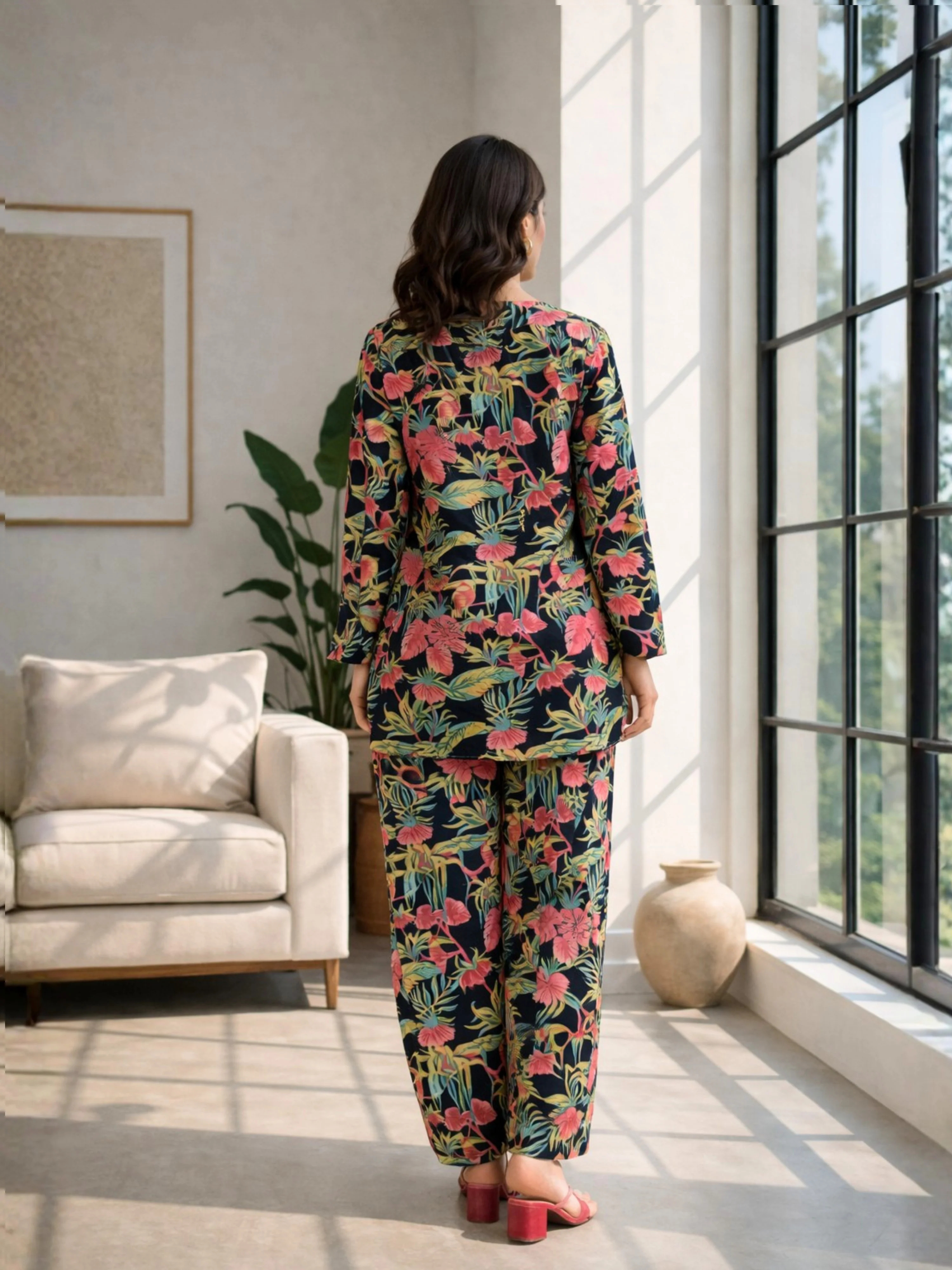 Tropical Raven's Wing Floral V-Neck Patiala Co-Ord Set - Image 3