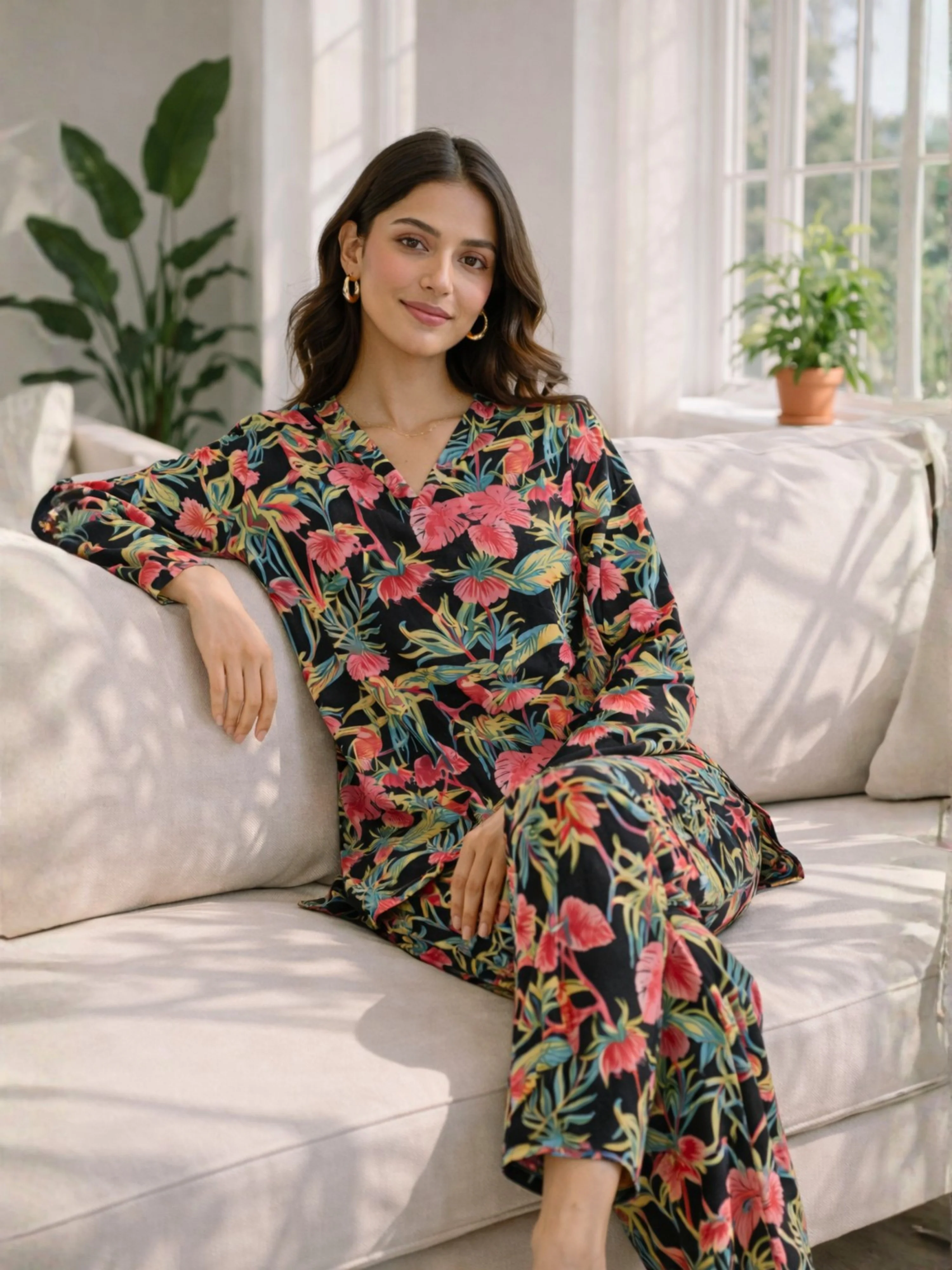 Tropical Raven's Wing Floral V-Neck Patiala Co-Ord Set - Image 4