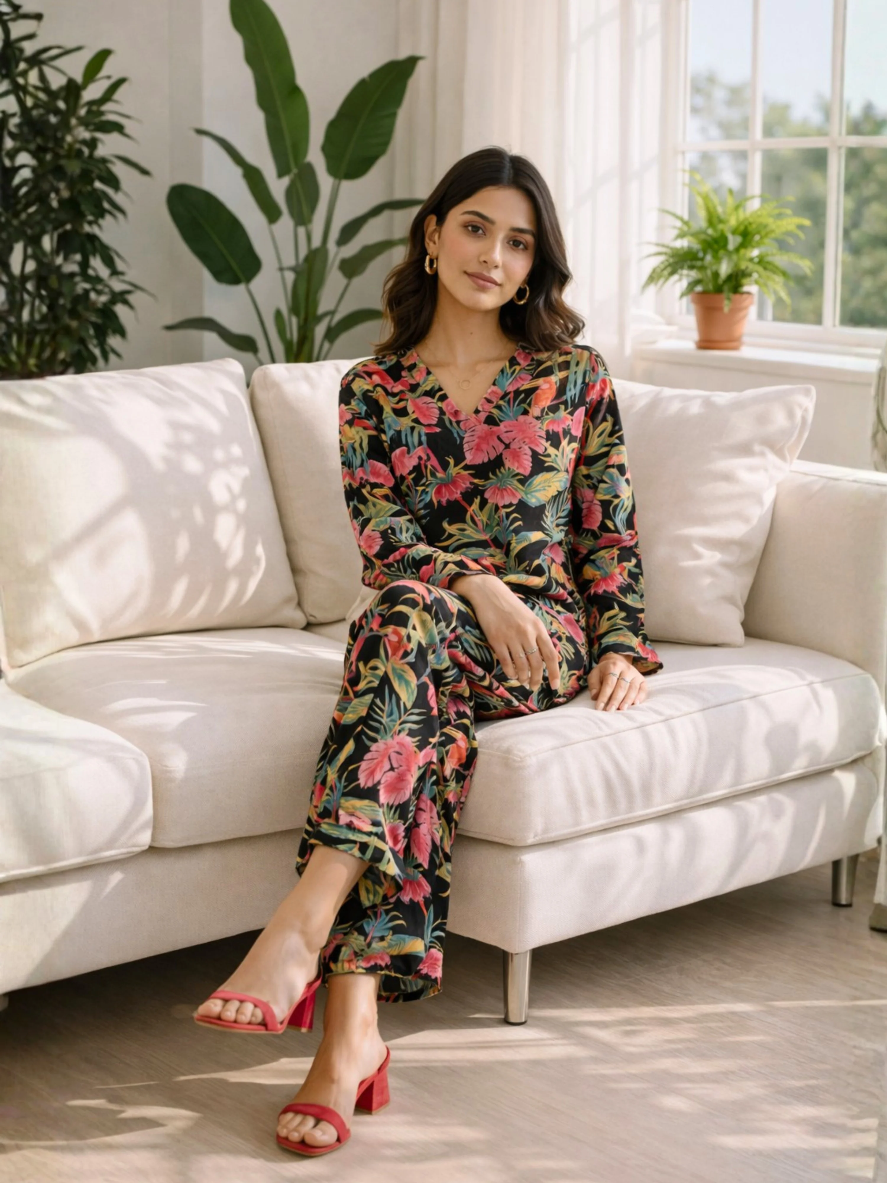 Tropical Raven's Wing Floral V-Neck Patiala Co-Ord Set - Image 5