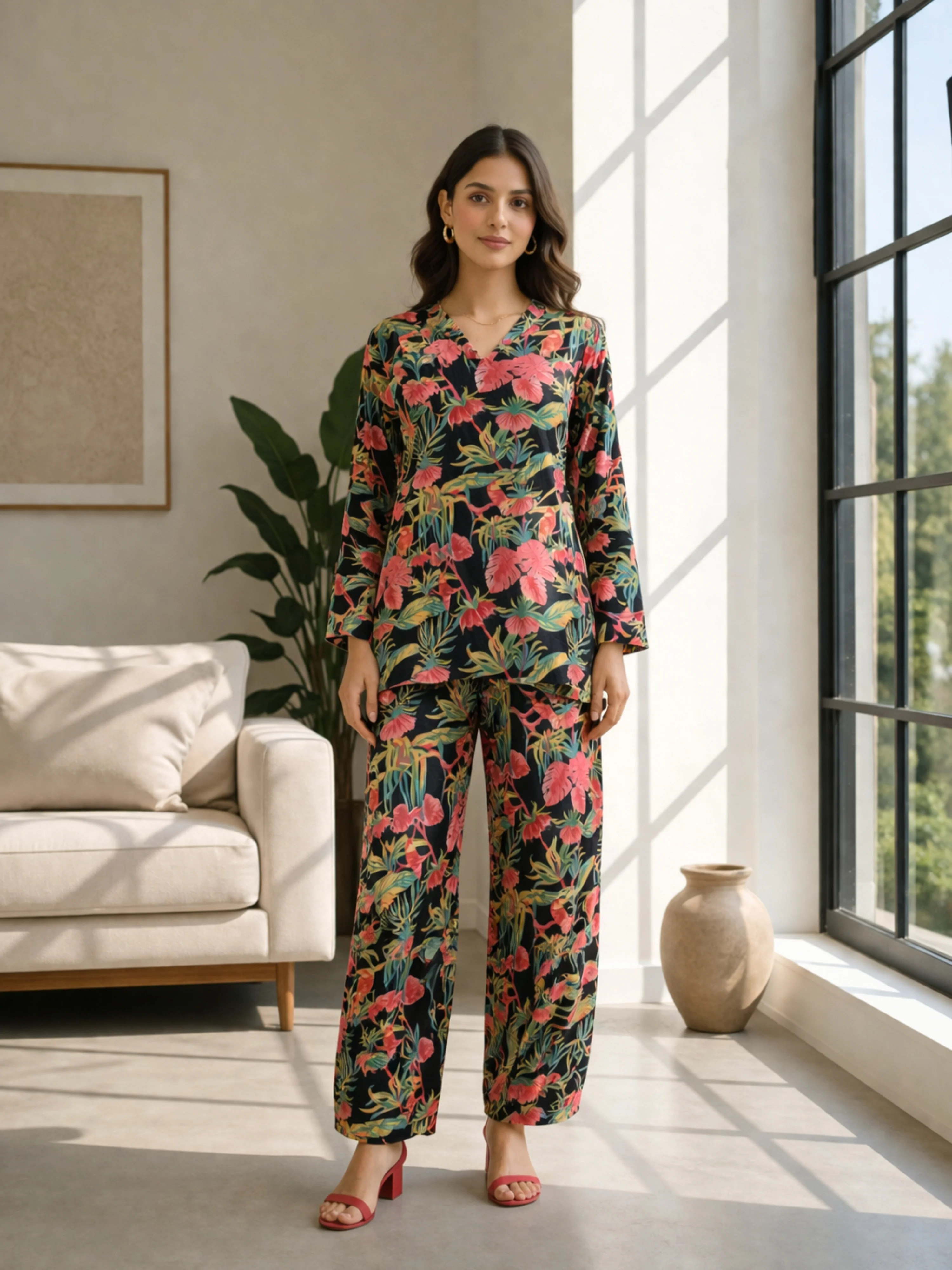 Tropical Raven's Wing Floral V-Neck Patiala Co-Ord Set - Image 6