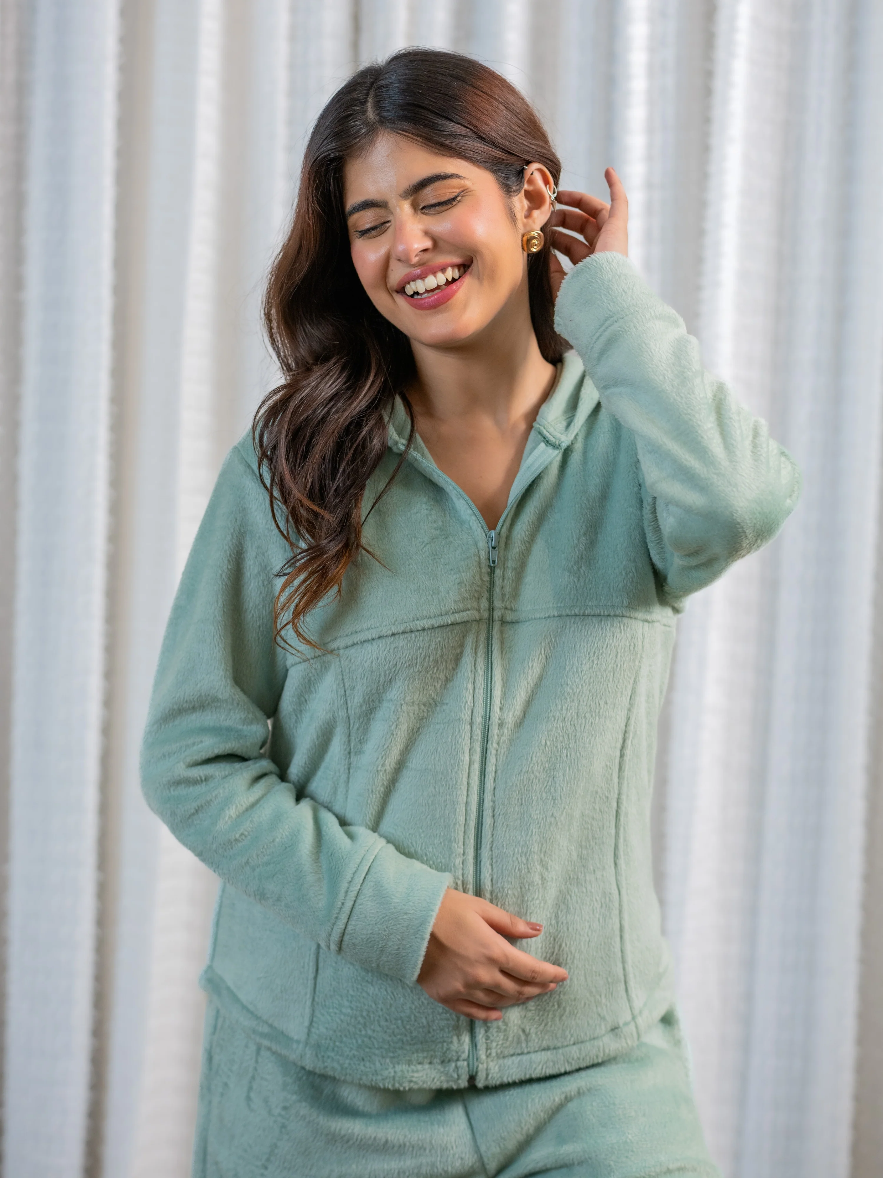 Turquoise Super Soft Woollen Zip-Up Hoodie Sweatshirt Set - Image 4