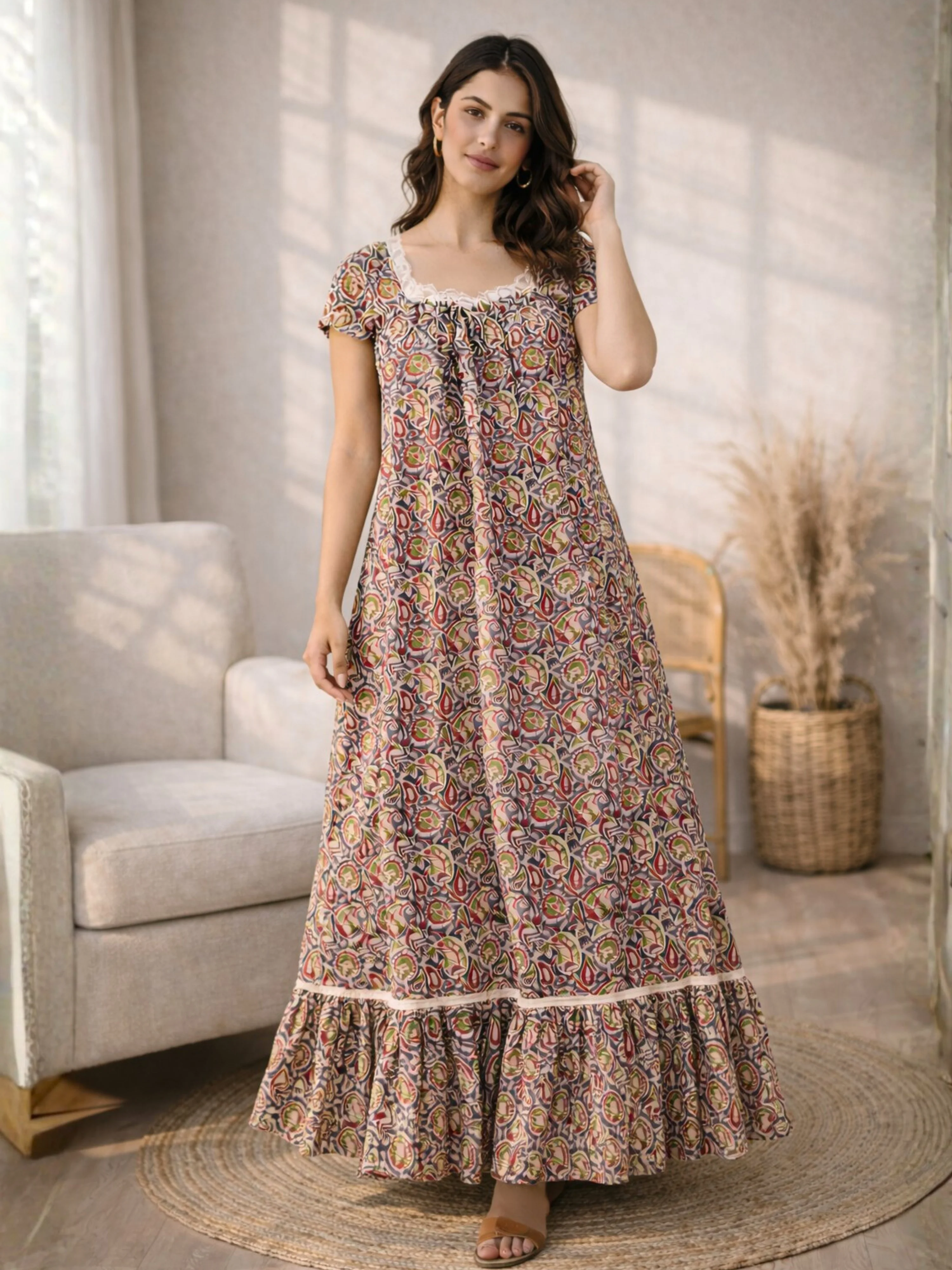 Twilight Blue Pure Cotton Women's Night Maxi Dress - Image 5