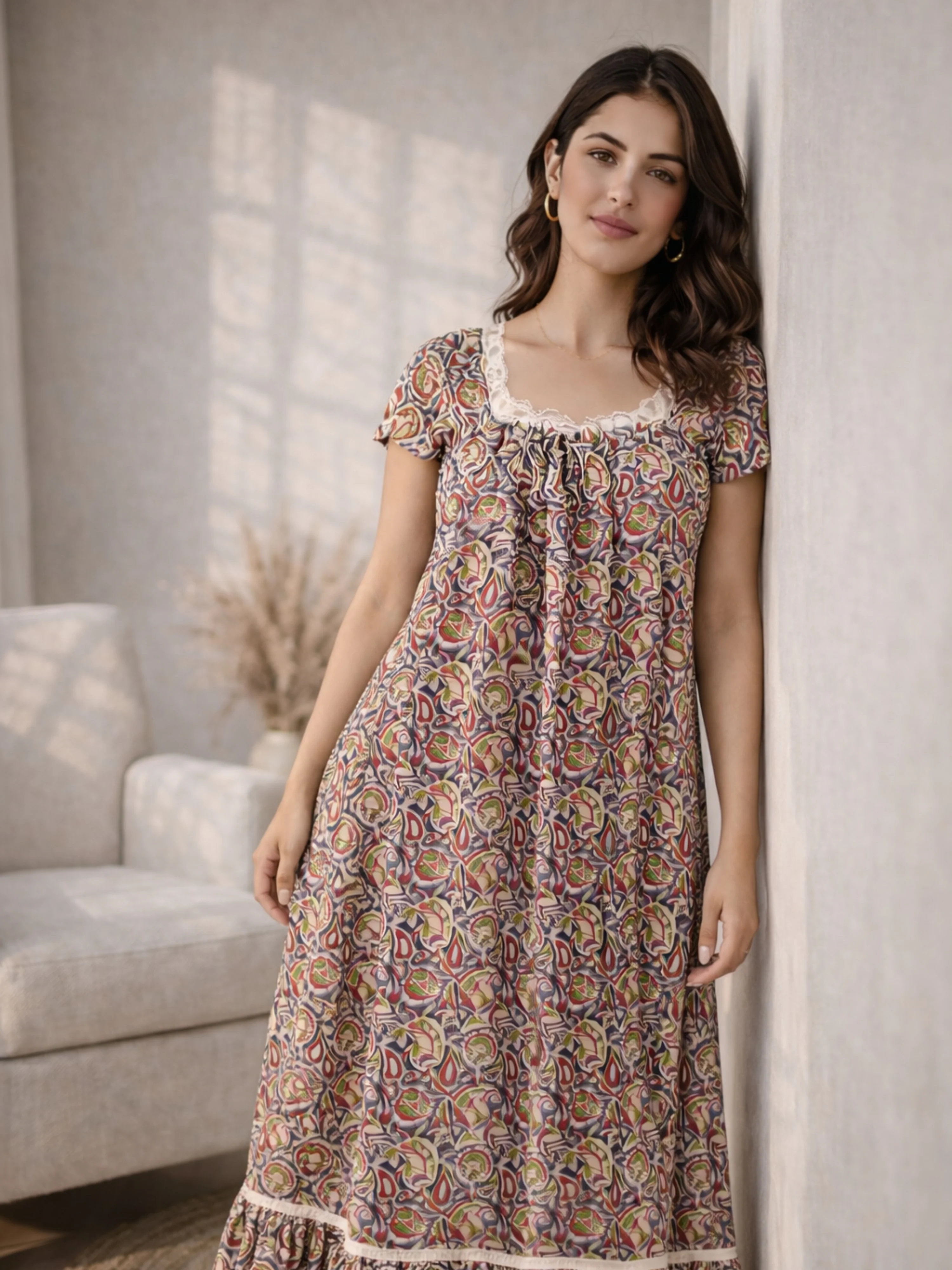 Twilight Blue Pure Cotton Women's Night Maxi Dress - Image 7