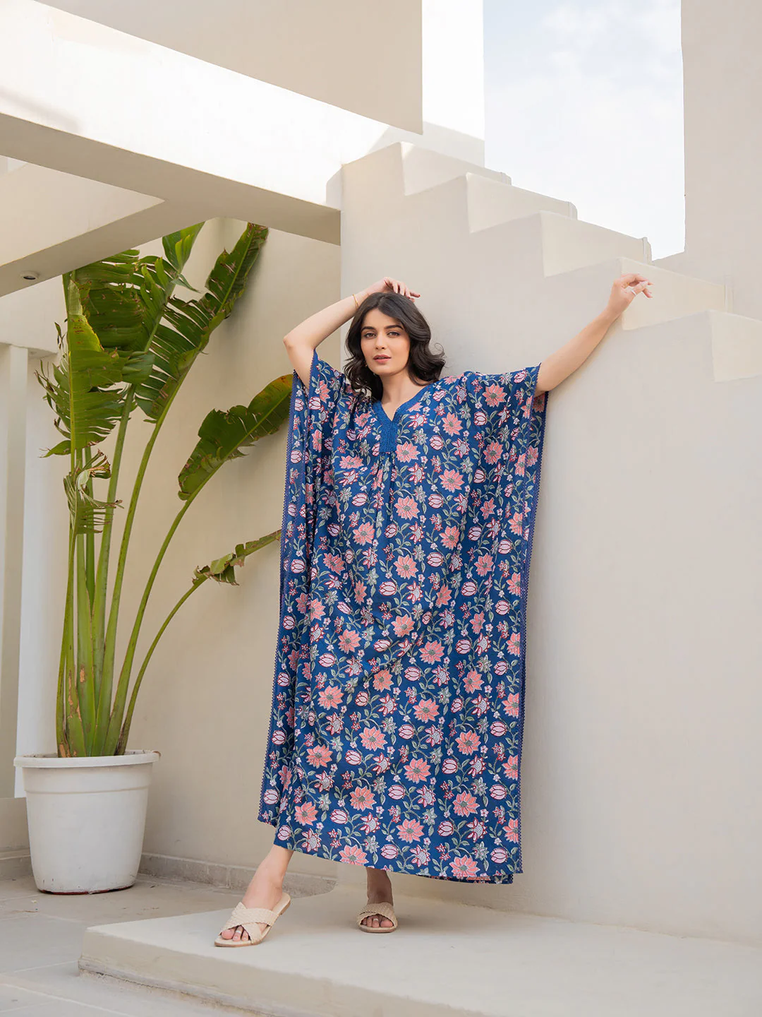 V-Neck Lace Berry Blue  Kaftan - Image 3