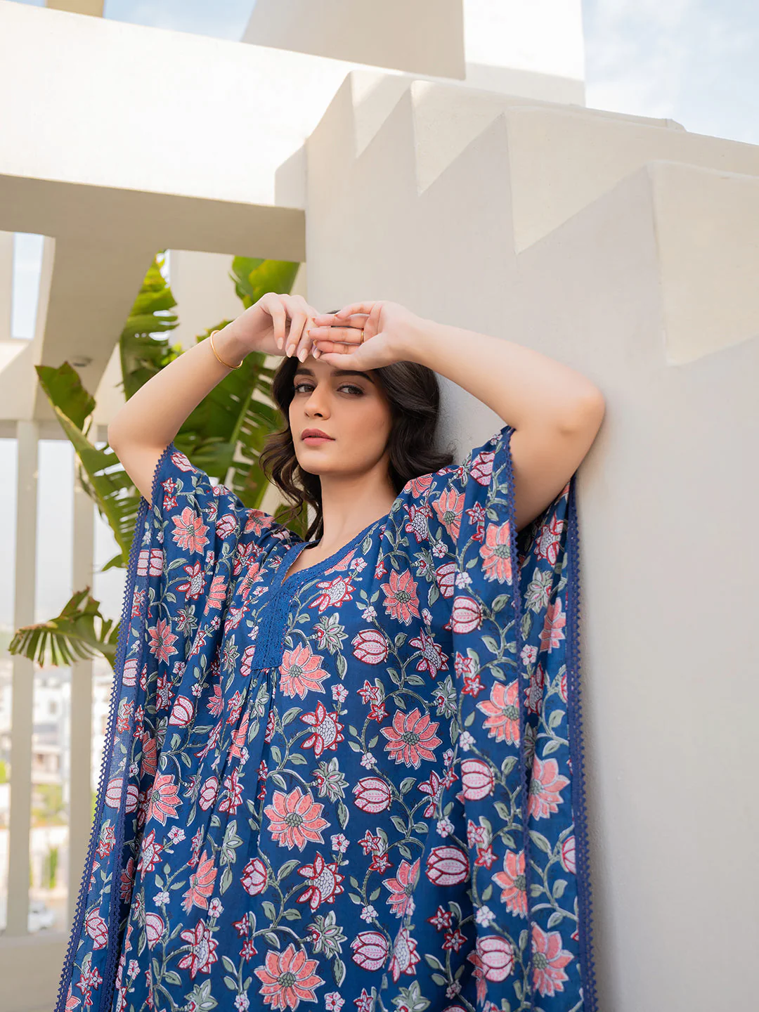 V-Neck Lace Berry Blue  Kaftan - Image 4