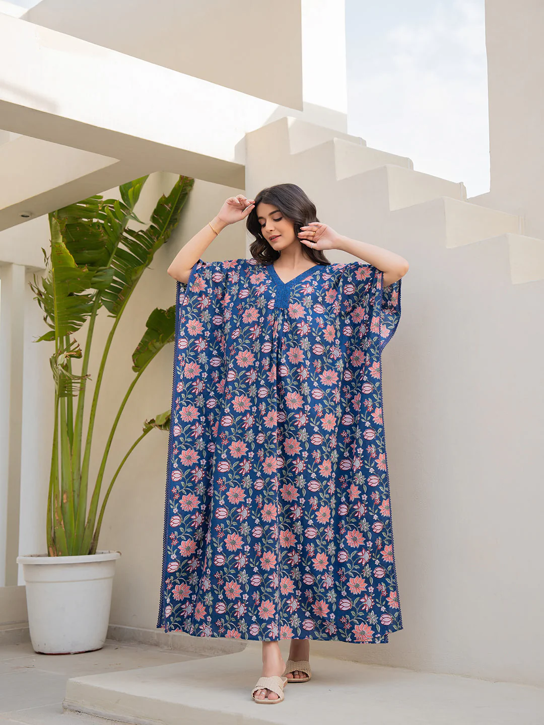 V-Neck Lace Berry Blue  Kaftan - Image 6