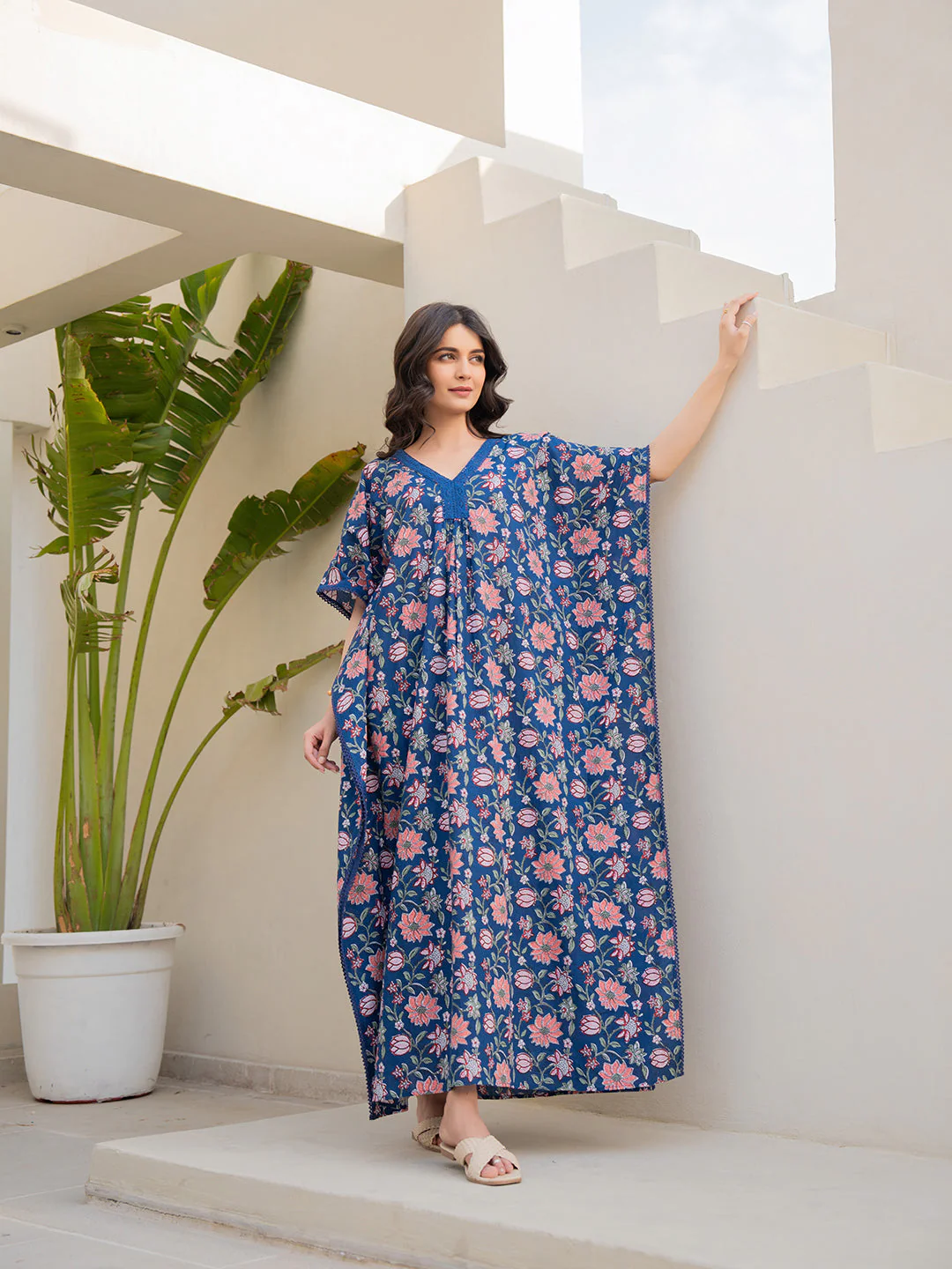 V-Neck Lace Berry Blue  Kaftan - Image 7