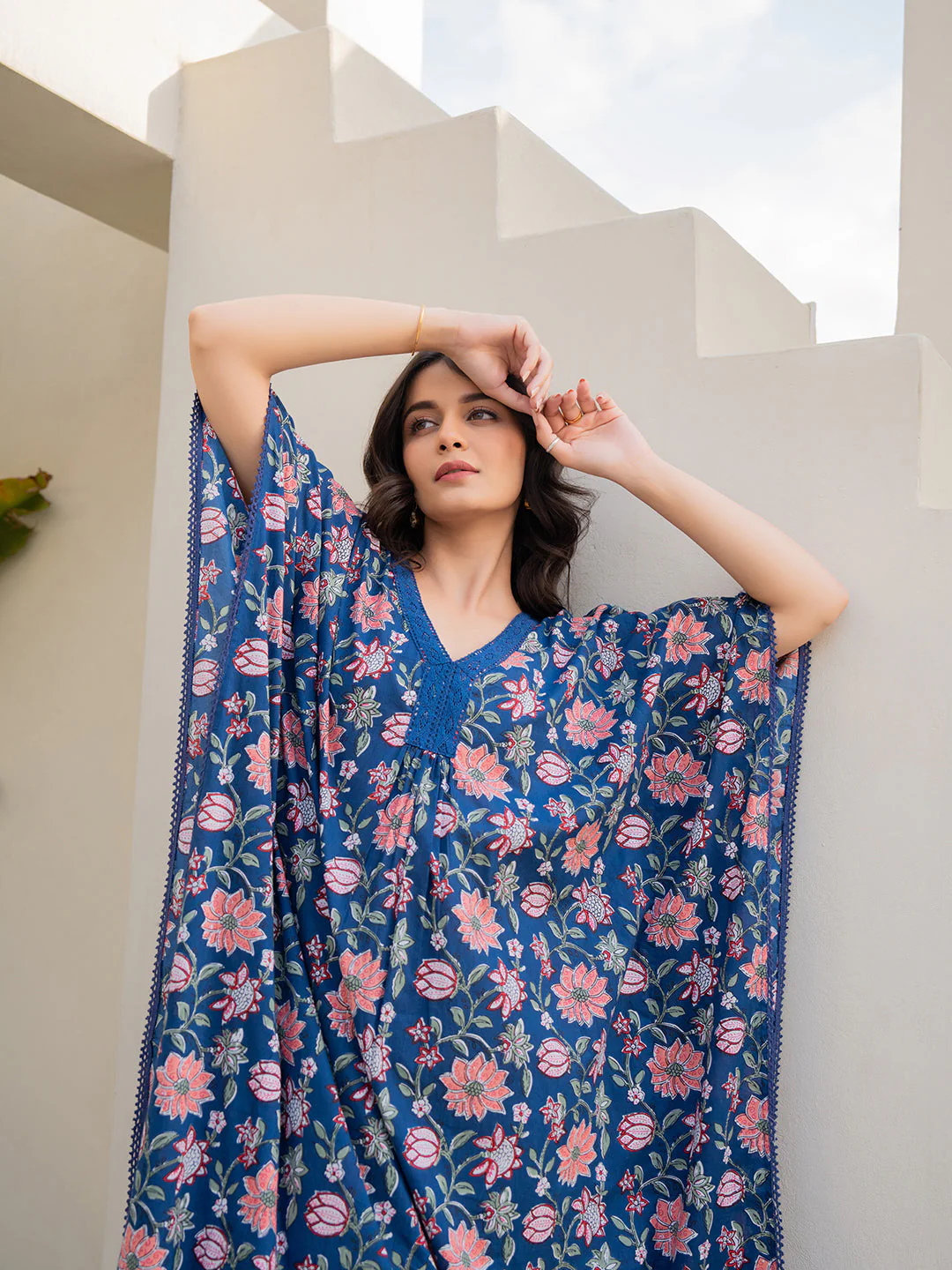 V-Neck Lace Berry Blue  Kaftan - Image 9