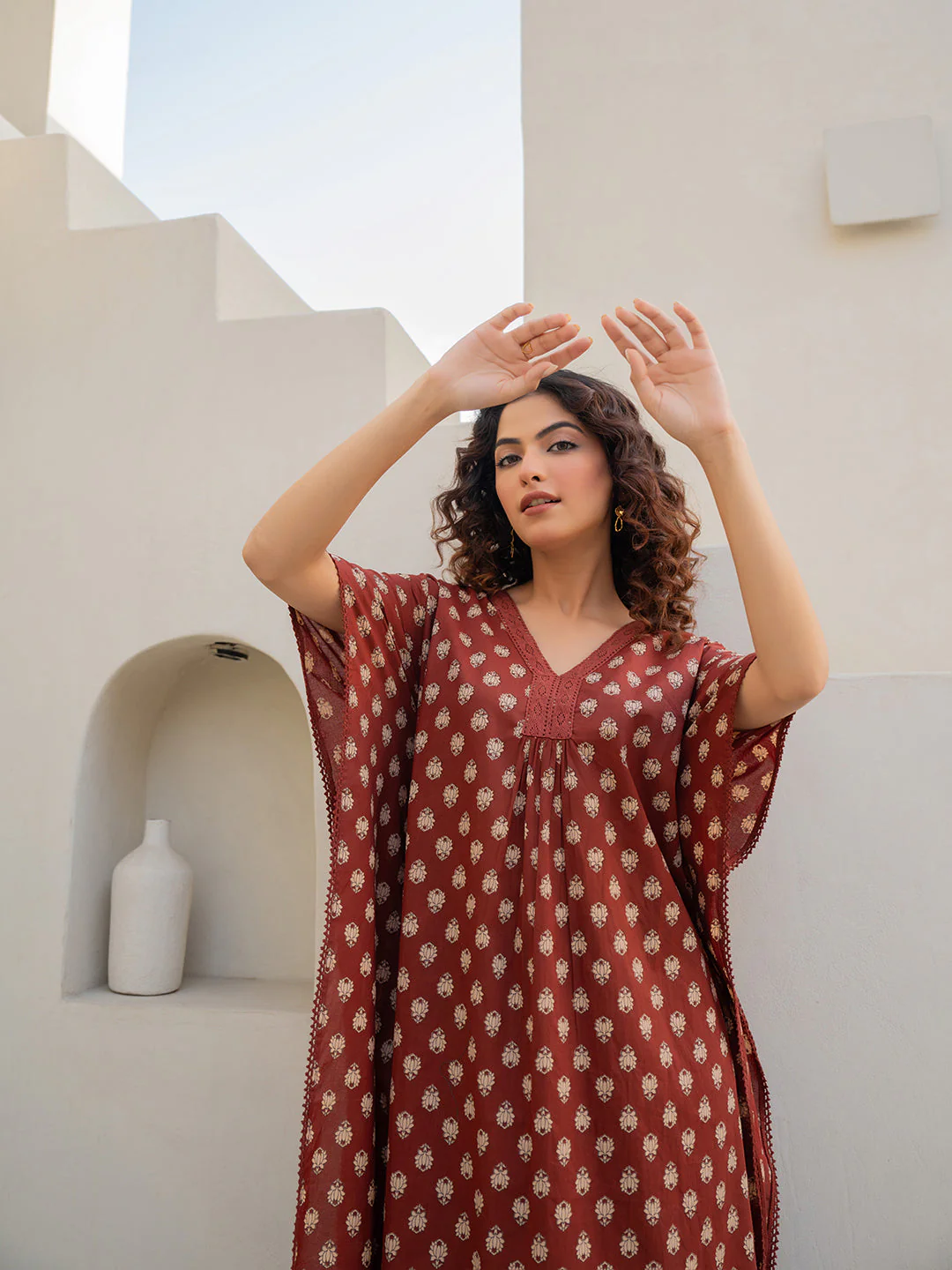 V-Neck Lace Burnt Umber Brown Kaftan - Image 10