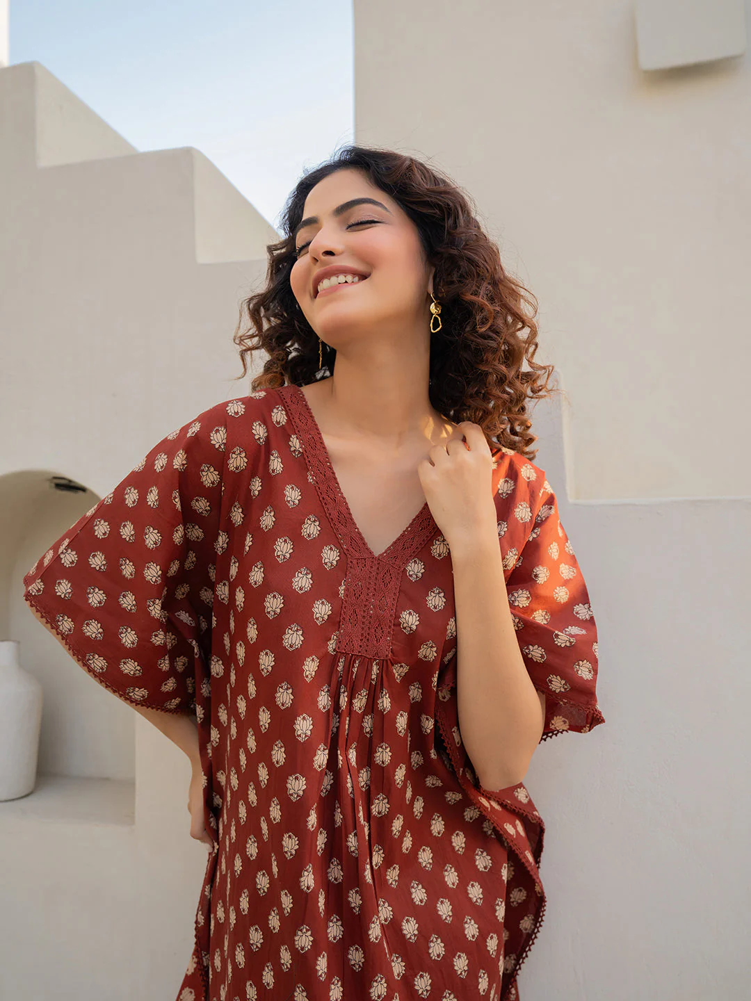 V-Neck Lace Burnt Umber Brown Kaftan - Image 11