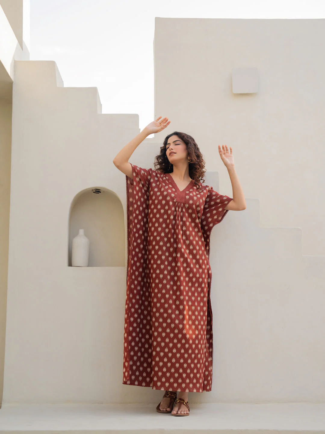 V-Neck Lace Burnt Umber Brown Kaftan - Image 12