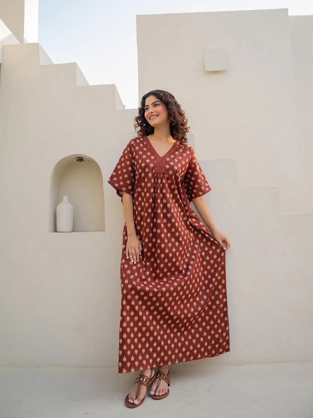 V-Neck Lace Burnt Umber Brown Kaftan - Image 13