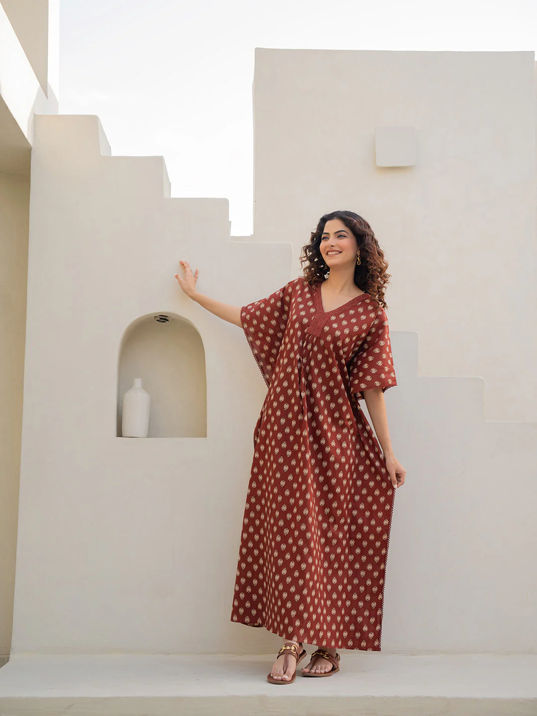 V-Neck Lace Burnt Umber Brown Kaftan - Image 3