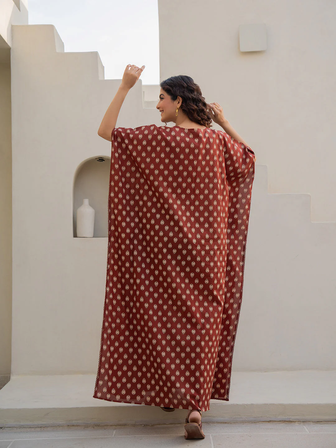 V-Neck Lace Burnt Umber Brown Kaftan - Image 5