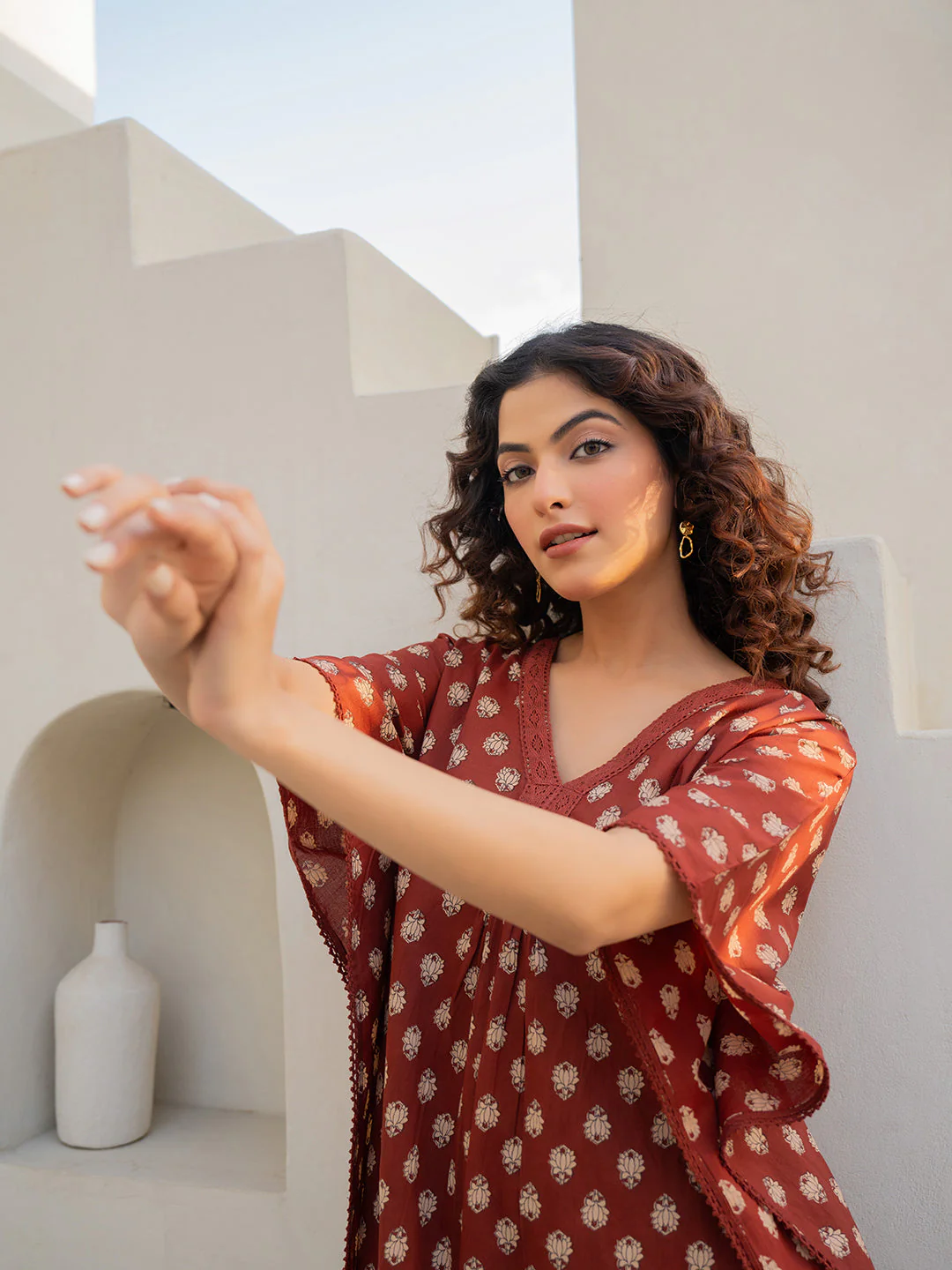 V-Neck Lace Burnt Umber Brown Kaftan - Image 6