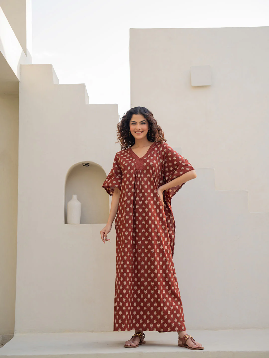 V-Neck Lace Burnt Umber Brown Kaftan - Image 7