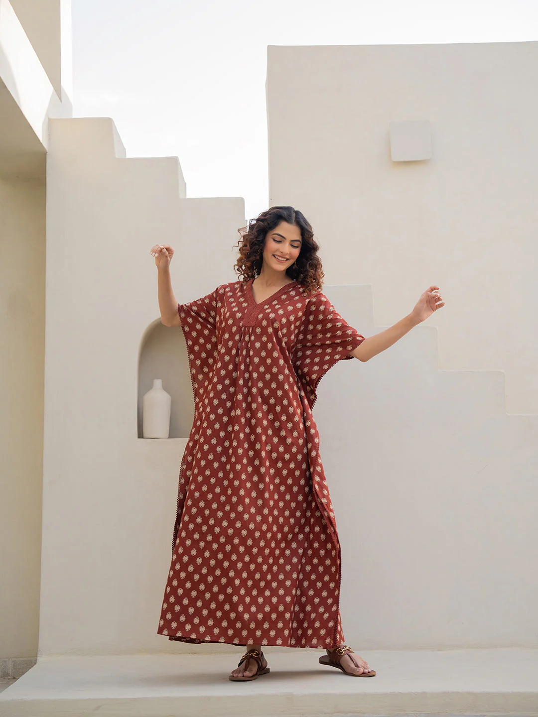 V-Neck Lace Burnt Umber Brown Kaftan - Image 8