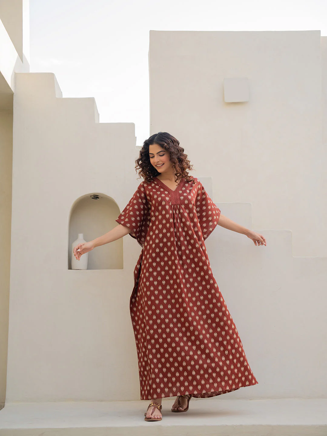 V-Neck Lace Burnt Umber Brown Kaftan - Image 9