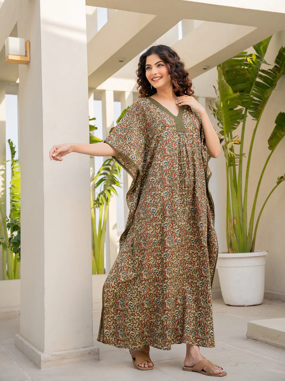 V-Neck Lace Olive Green Kaftan - Image 5