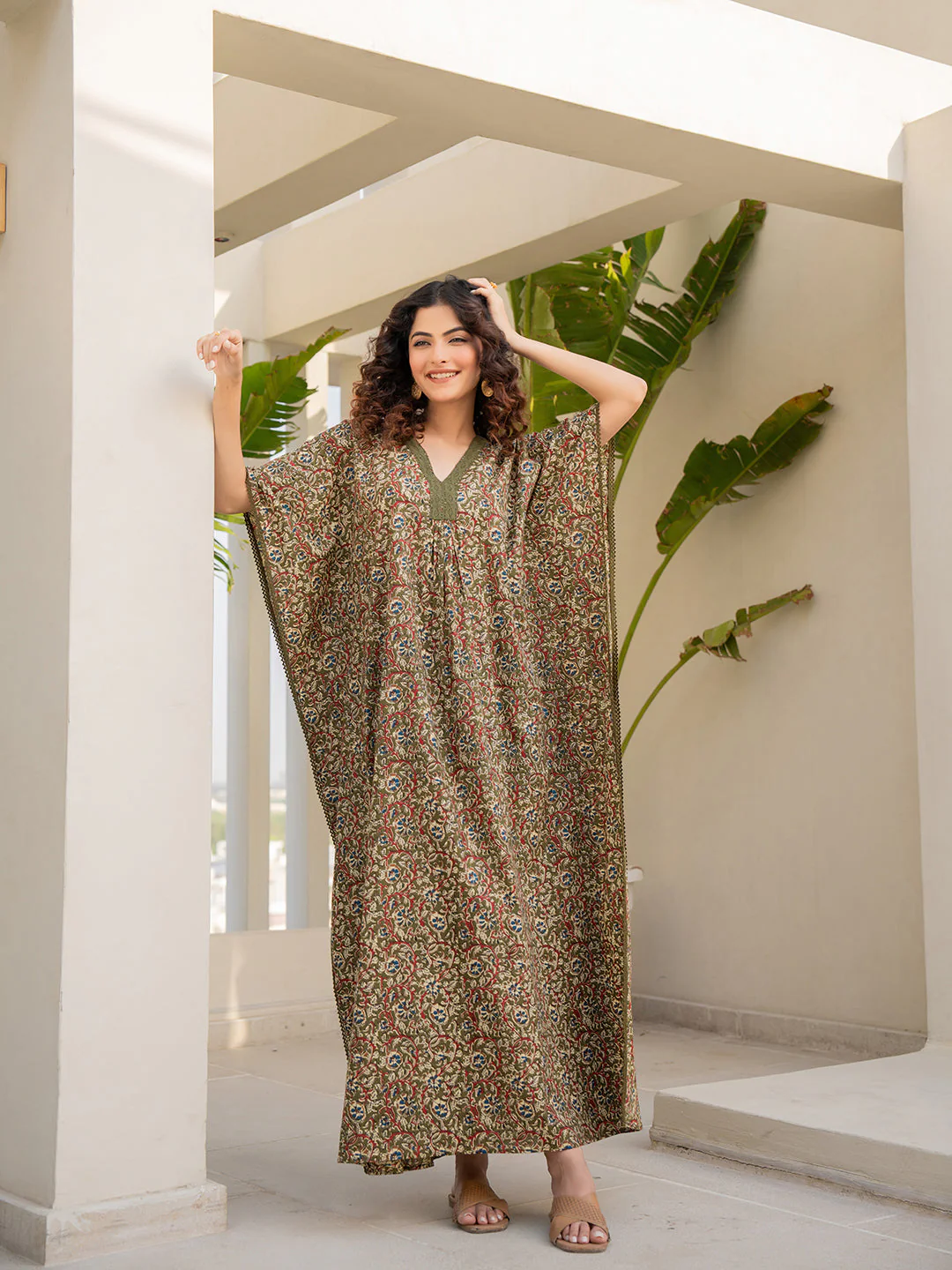 V-Neck Lace Olive Green Kaftan - Image 6