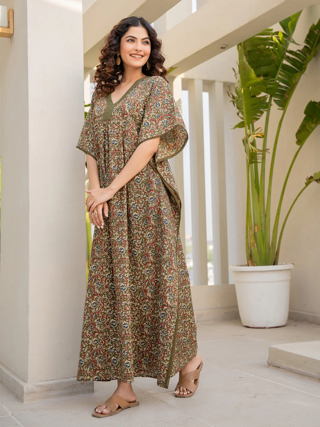 V-Neck Lace Olive Green Kaftan - Image 7