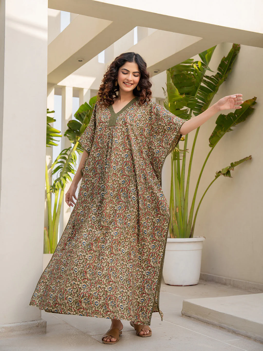 V-Neck Lace Olive Green Kaftan - Image 8