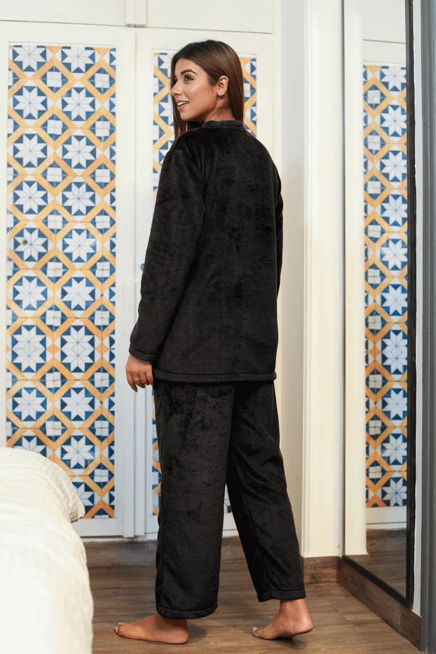 V neck Super Soft Black woollen Lounge Wear Set - Image 3
