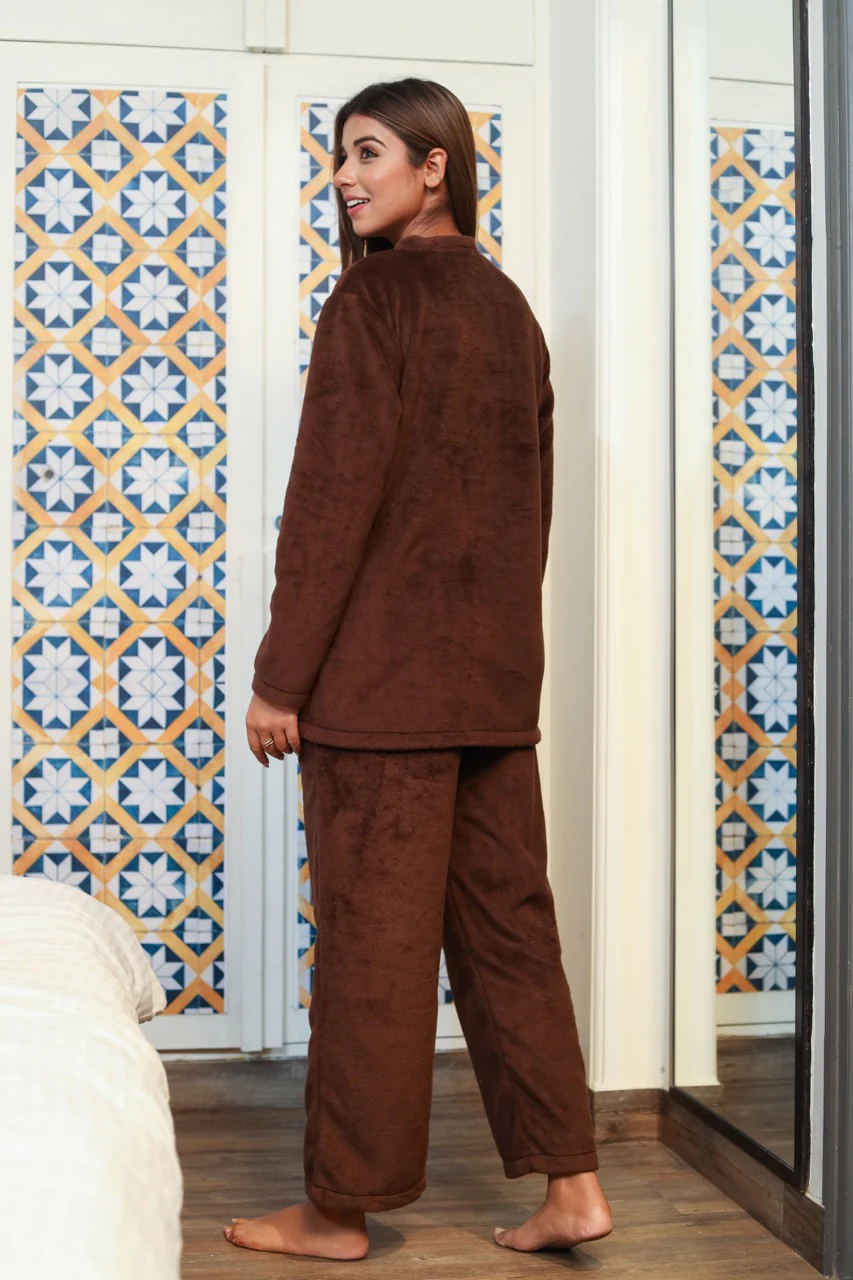 V neck Super Soft Brown woollen Lounge Wear Set - Image 5