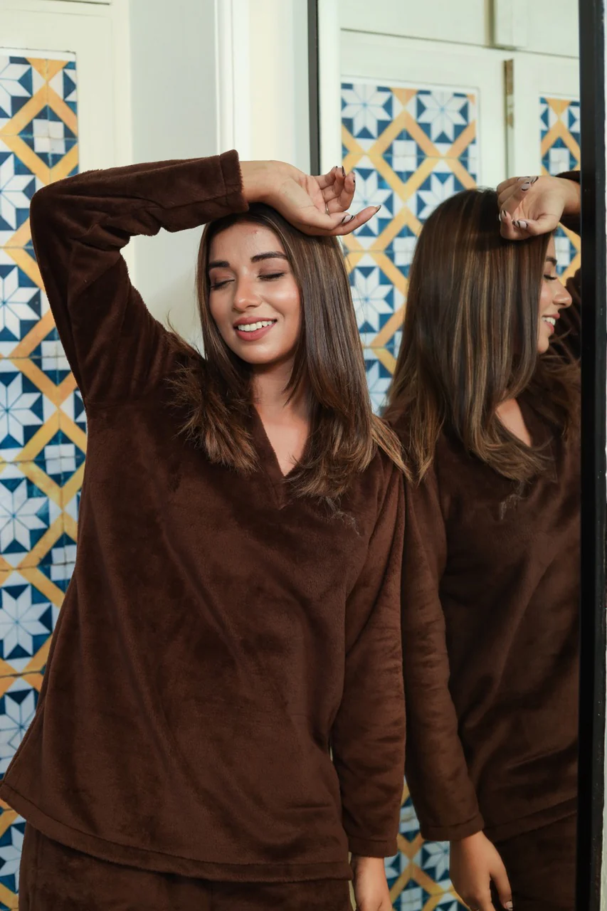 V neck Super Soft Brown woollen Lounge Wear Set - Image 9