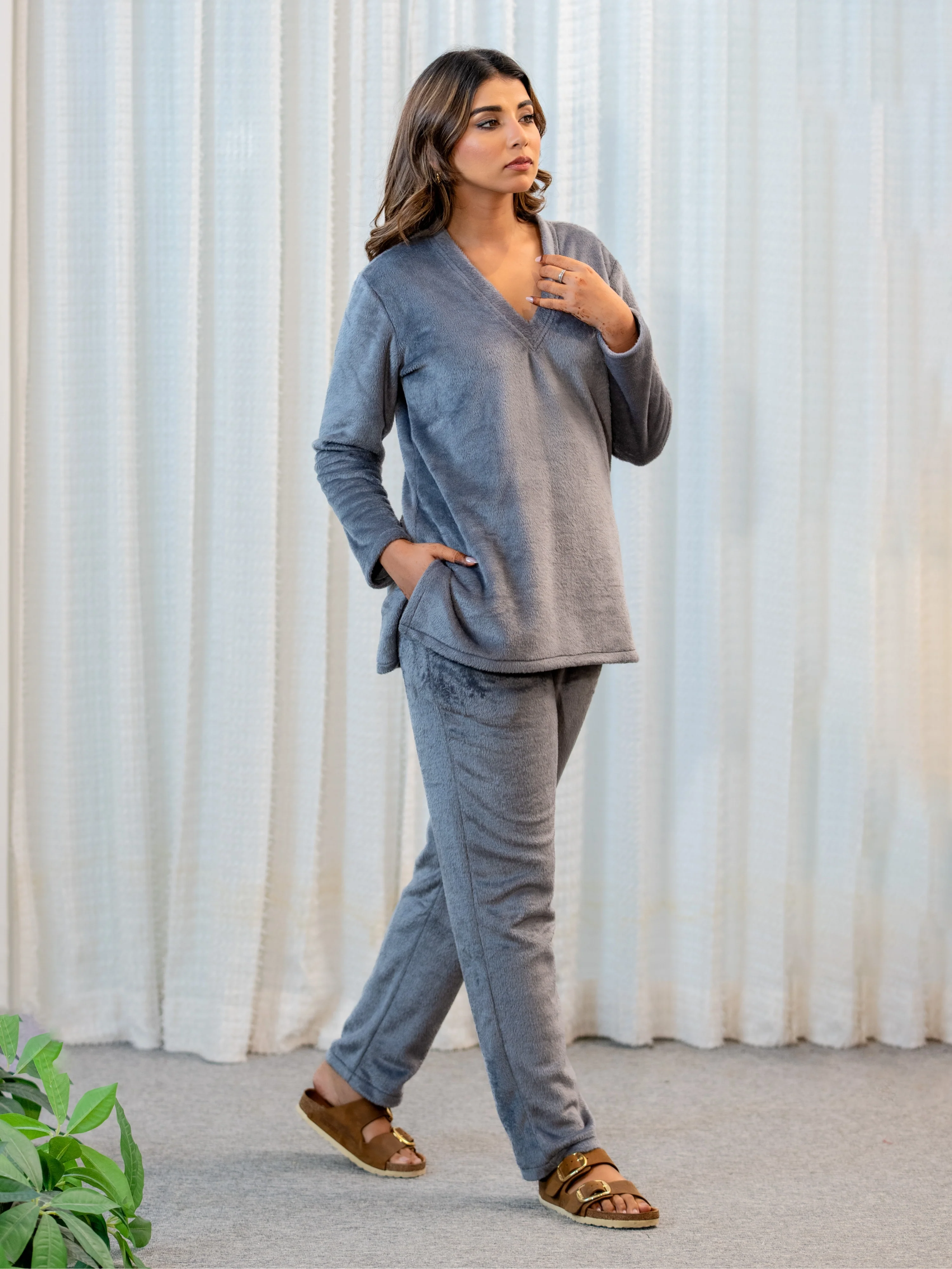 V Neck Super Soft Dark Grey Woollen Lounge Wear Set - Image 5