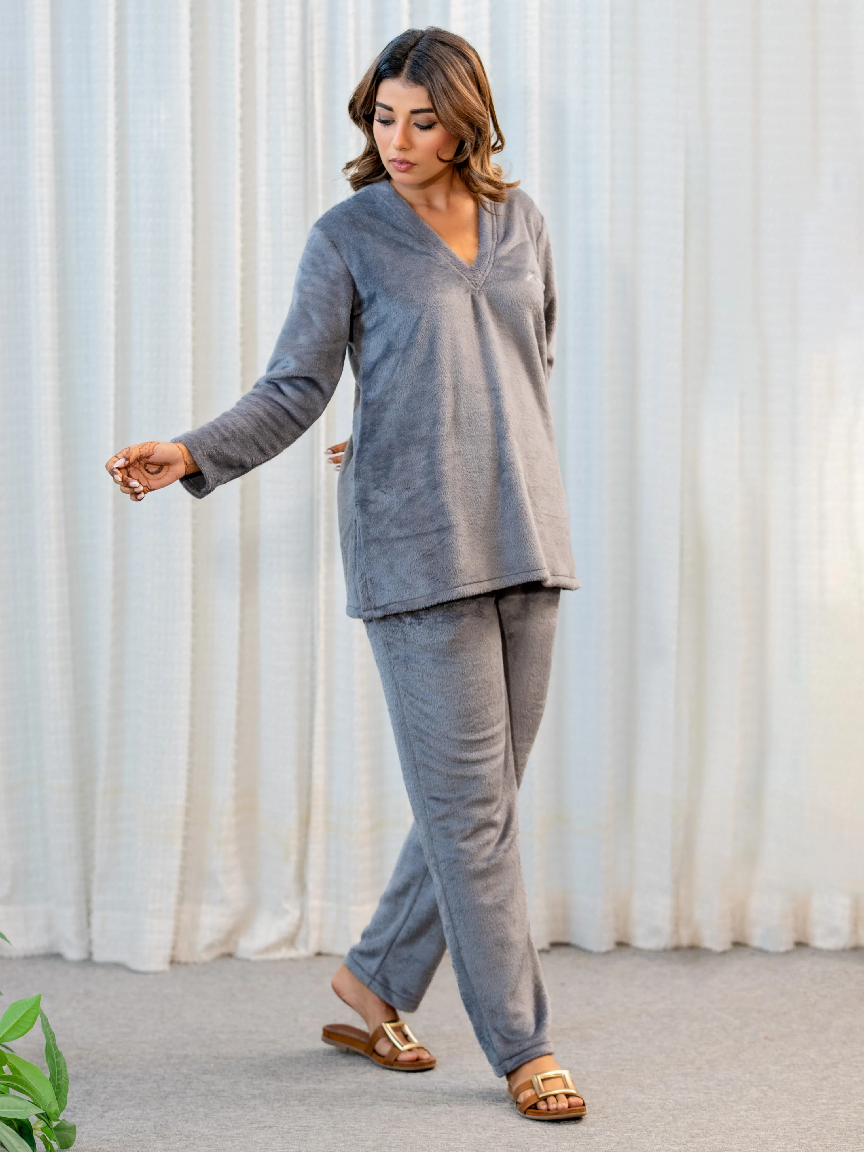V Neck Super Soft Dark Grey Woollen Lounge Wear Set - Image 6