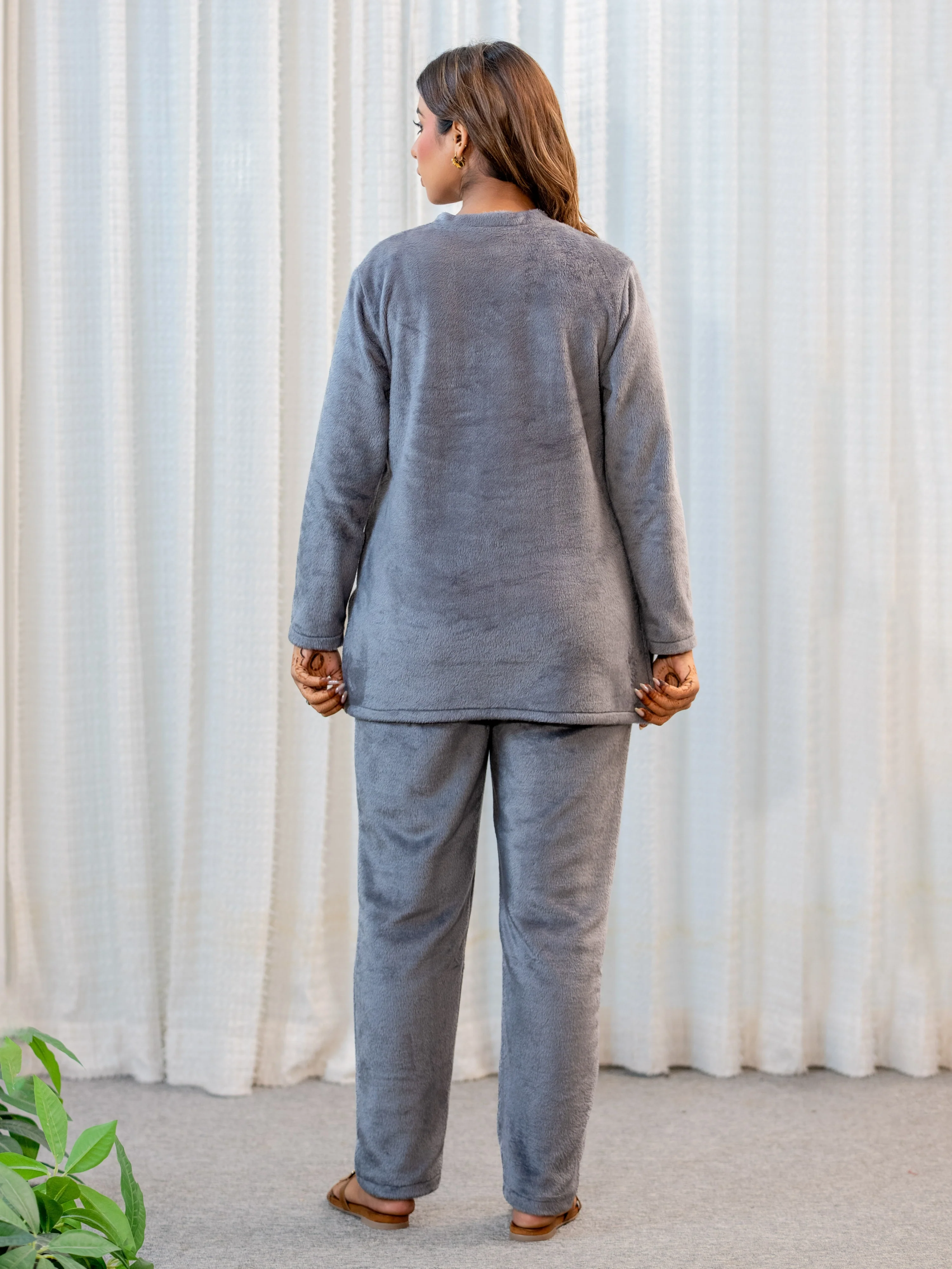 V Neck Super Soft Dark Grey Woollen Lounge Wear Set - Image 8