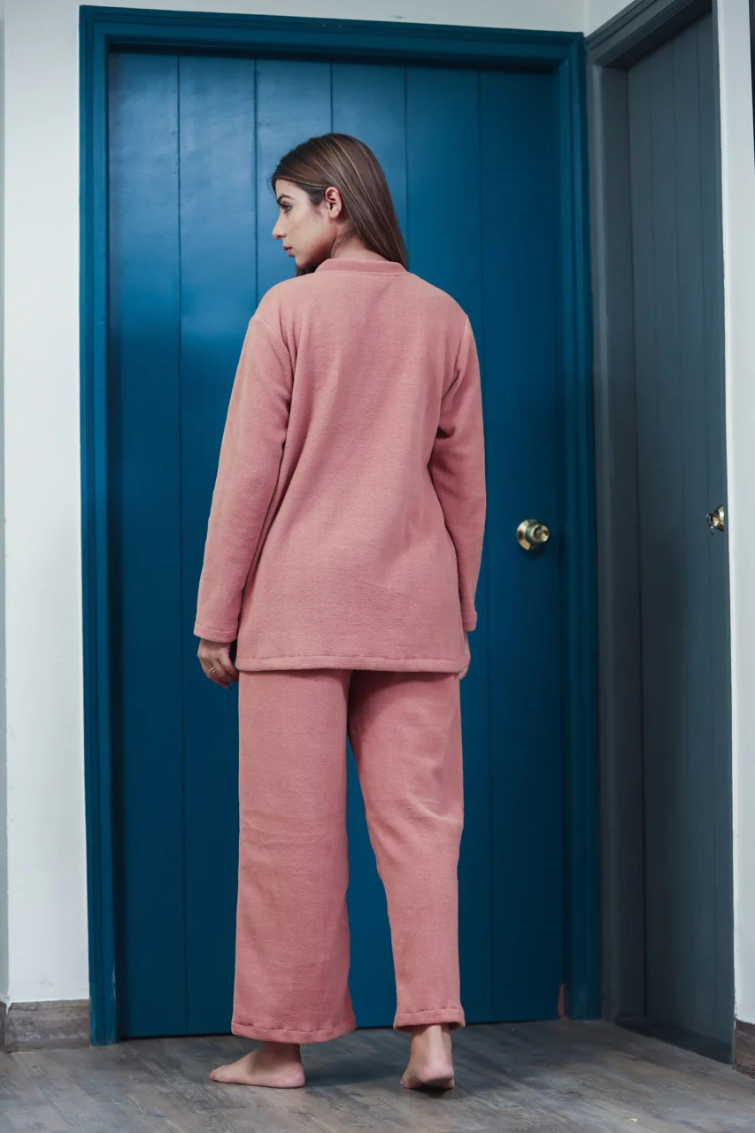 V neck Super Soft Dusty Pink woollen Lounge Wear Set - Image 3
