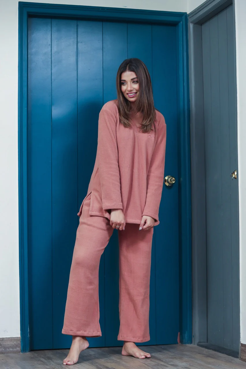V neck Super Soft Dusty Pink woollen Lounge Wear Set - Image 7