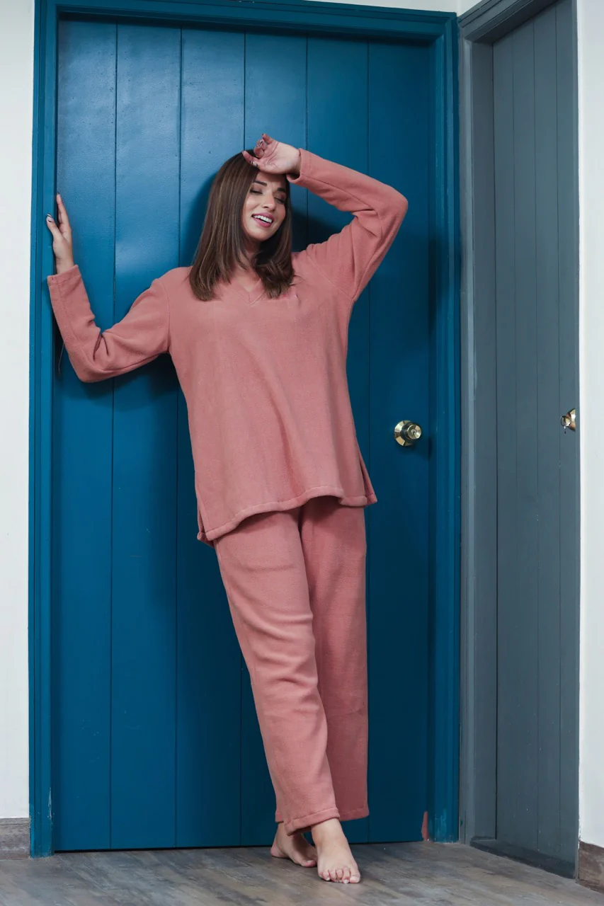 V neck Super Soft Dusty Pink woollen Lounge Wear Set - Image 8