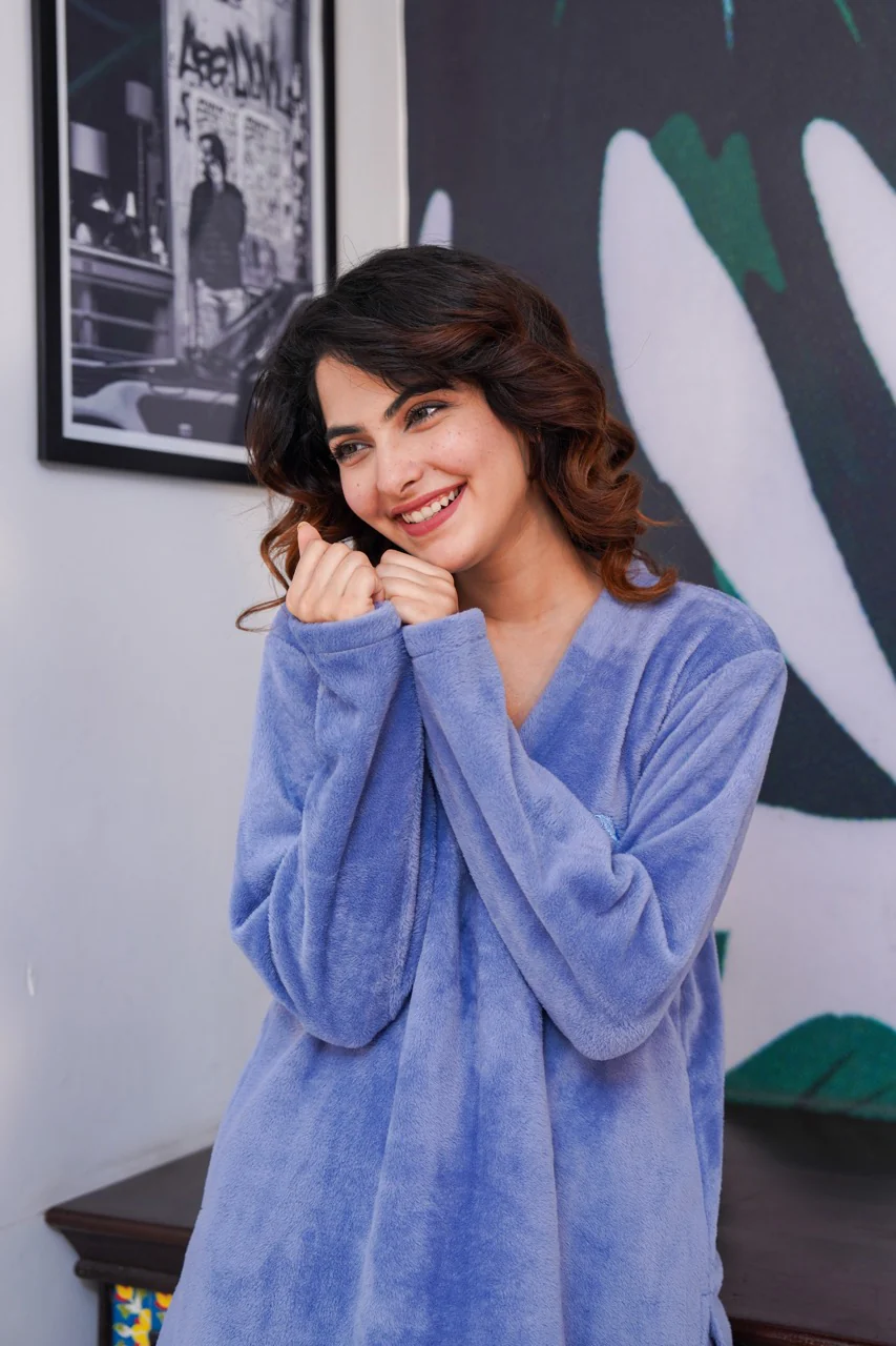 V neck Super Soft Light Blue woollen Lounge Wear Set - Image 11