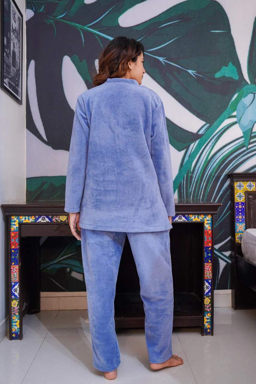 V neck Super Soft Light Blue woollen Lounge Wear Set - Image 13