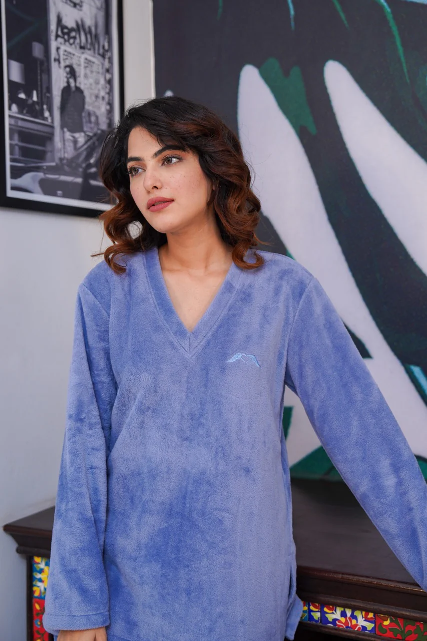V neck Super Soft Light Blue woollen Lounge Wear Set - Image 2
