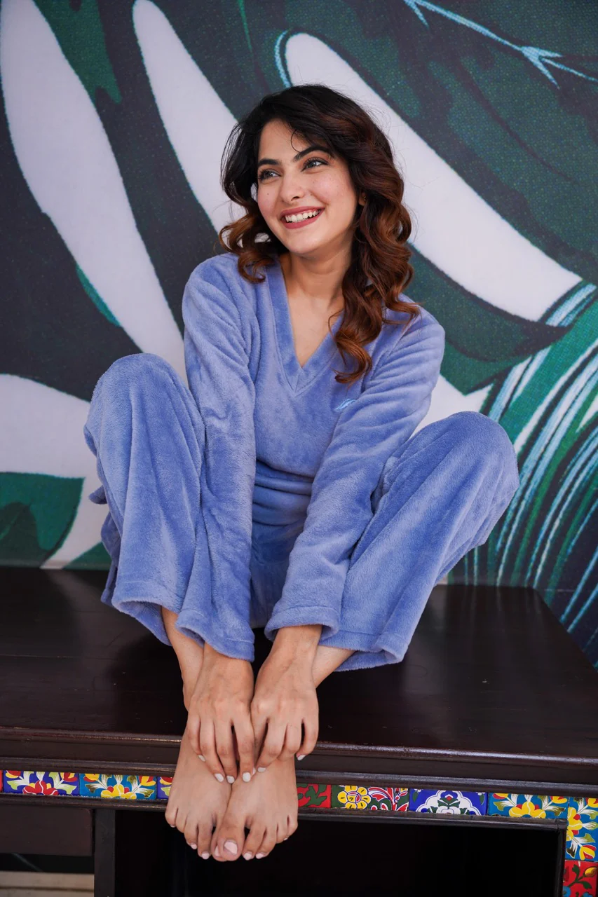 V neck Super Soft Light Blue woollen Lounge Wear Set - Image 3