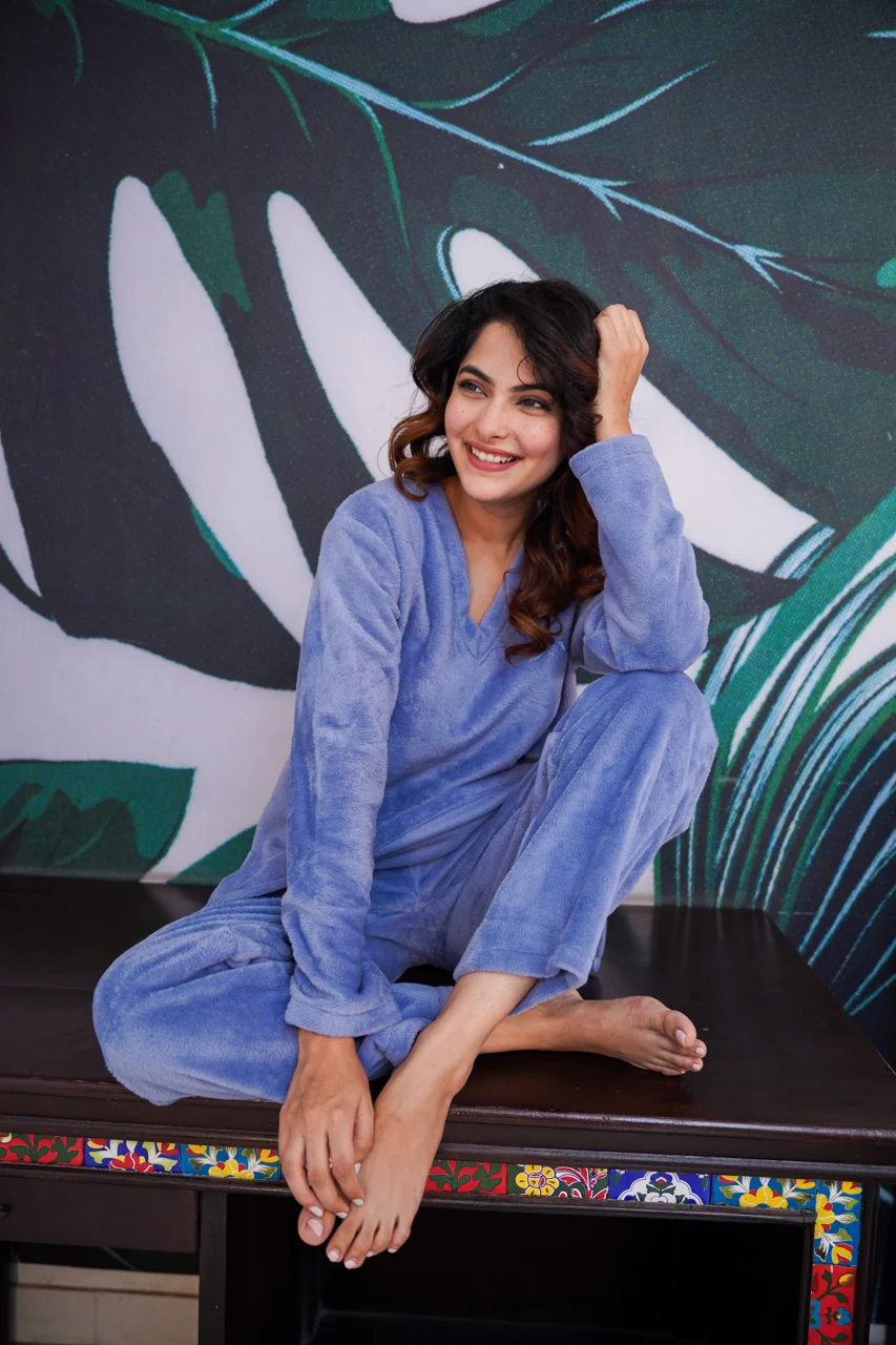 V neck Super Soft Light Blue woollen Lounge Wear Set - Image 5