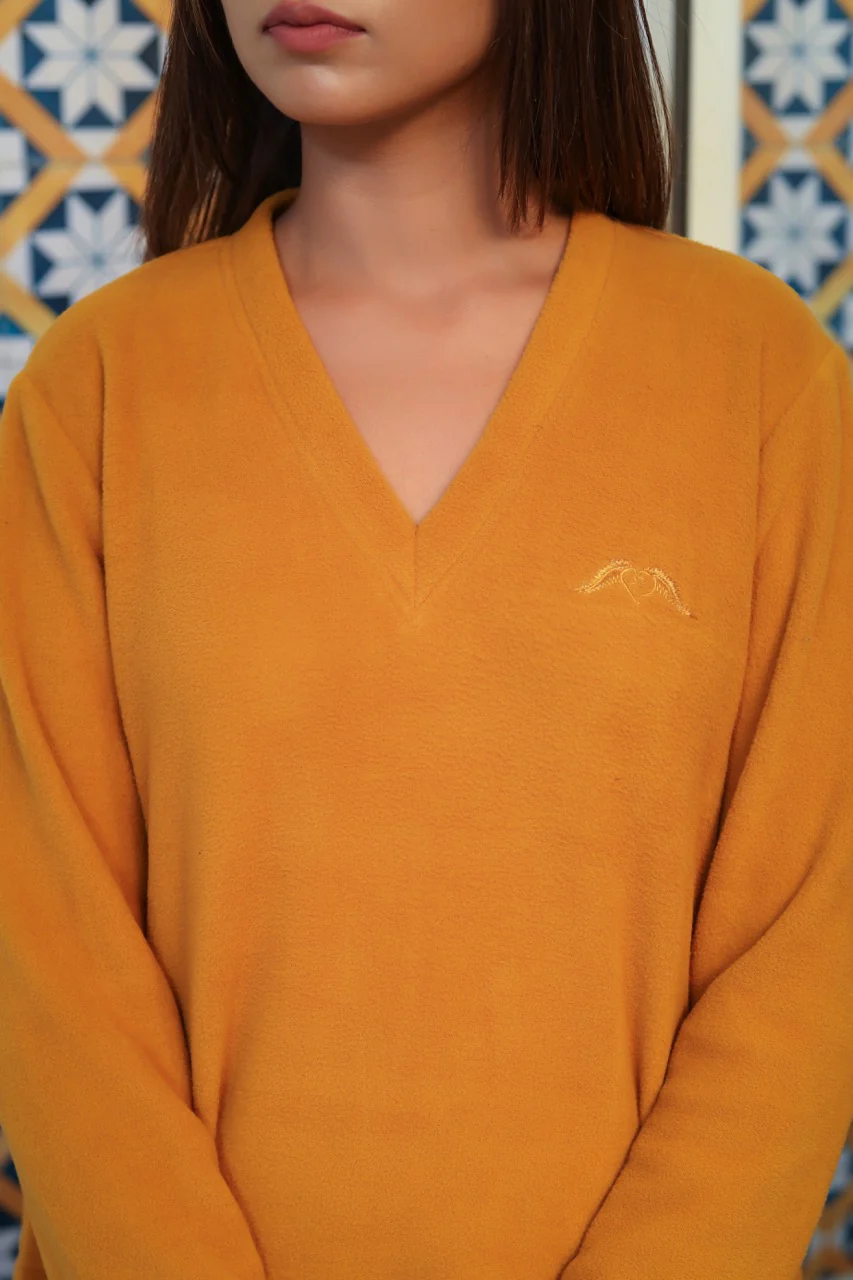 V neck Super Soft Mustard woollen Lounge Wear Set - Image 2