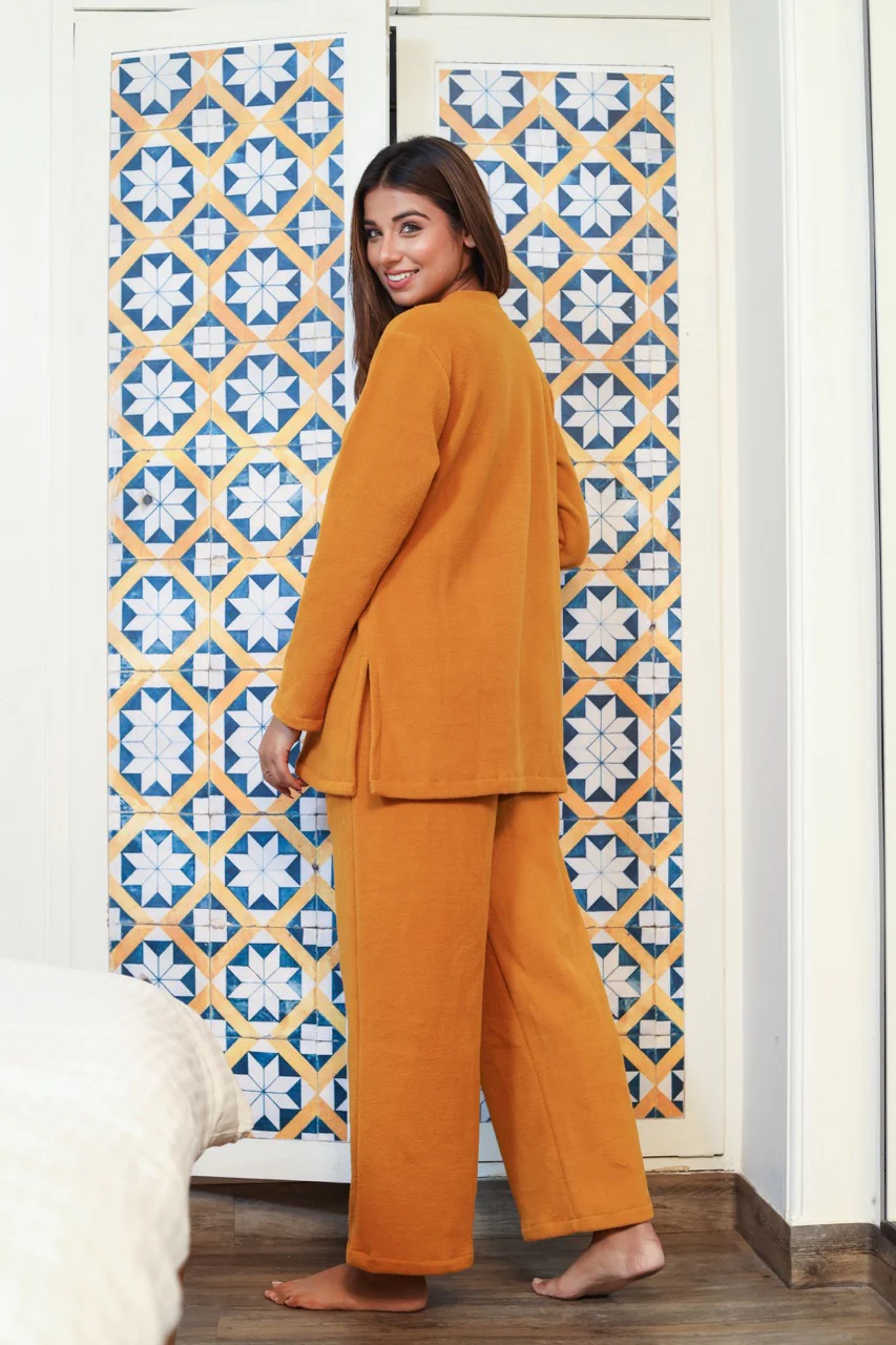 V neck Super Soft Mustard woollen Lounge Wear Set - Image 3