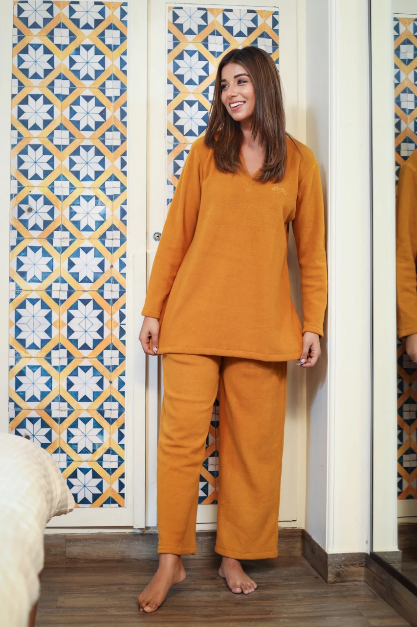 V neck Super Soft Mustard woollen Lounge Wear Set - Image 4