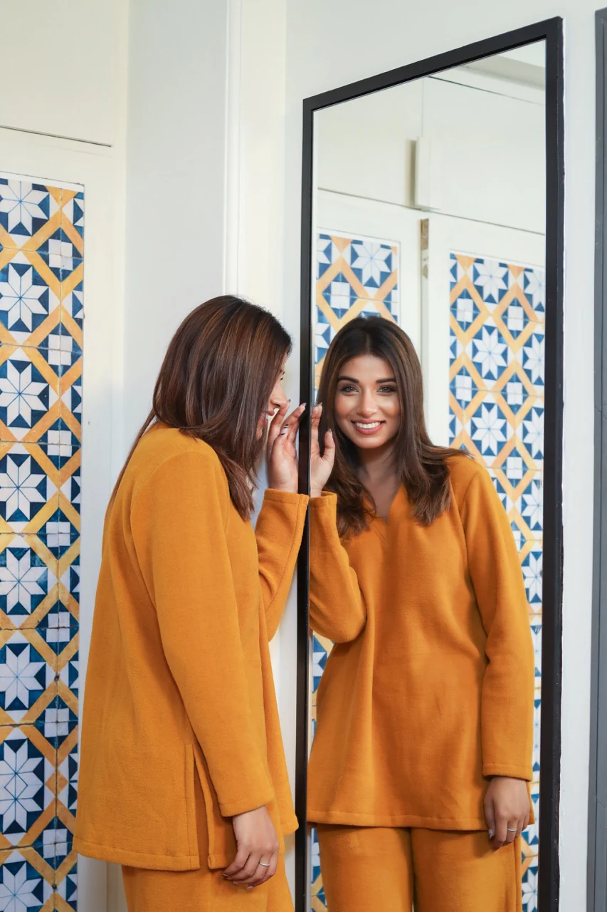 V neck Super Soft Mustard woollen Lounge Wear Set - Image 6