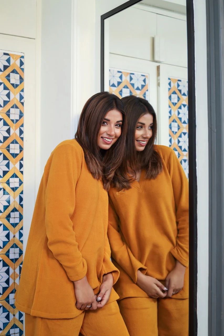V neck Super Soft Mustard woollen Lounge Wear Set - Image 8